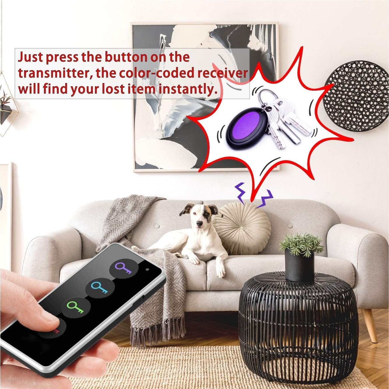 Reyke Key Finder, 80dB+ RF Item Locator Tags with 131ft. Working Range, Wireless Remote Tracker for Wallet, Phone, Glasses, Pet, 1 RF Transmitter & 4 Receivers