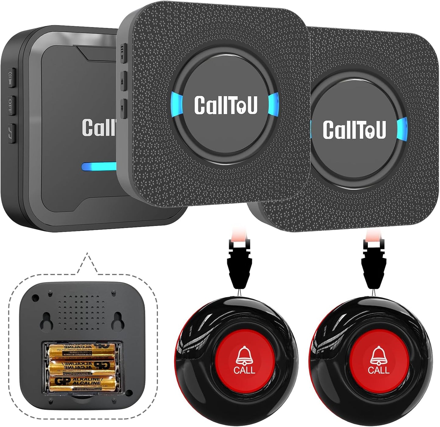 CallToU Caregiver Call Button Smart Call System 3 Receivers 2 SOS Call Button for Elderly at Home Nurse Calling Alert Patient Help System for Home/Personal Attention Pager 500+Feet (CC05BL 2-3)