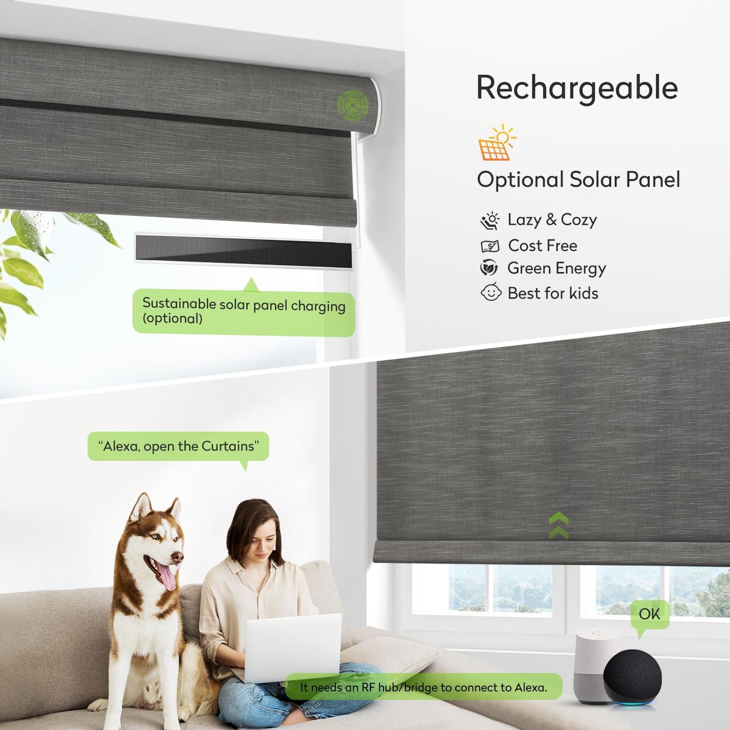 ZSTARR Motorized Light Filtering Roller Blinds with Remote Control,Rechargeable Smart Window Shades Compatible with Alexa Google via Hub,Fabric Wrapped Valance, Custom Size (ash Gray)