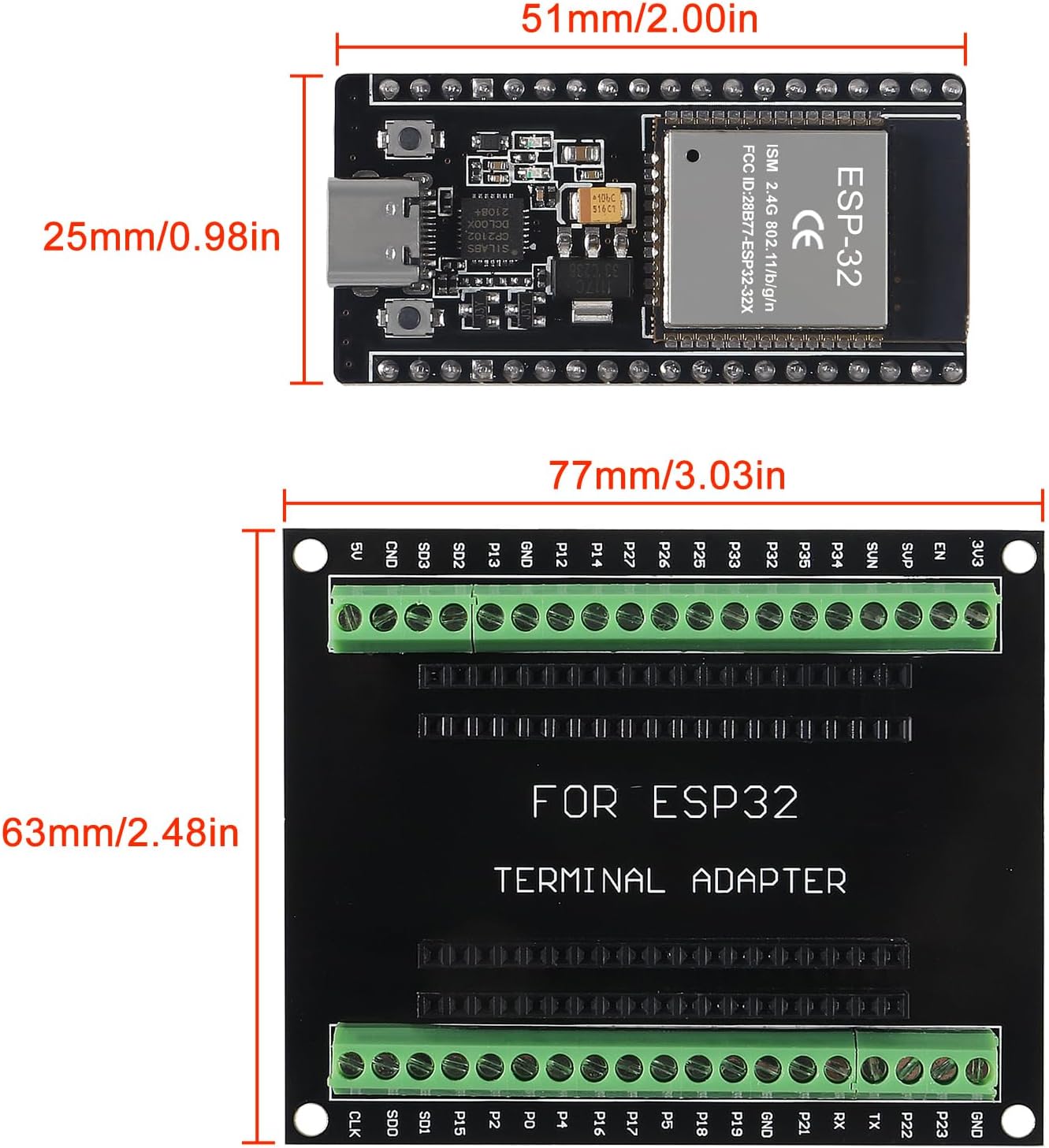 3 Set ESP32 Development Board Type C 38Pin Narrow Version WiFi + Bluetooth Microcontroller ESP-32 ESP-32S Board ESP-WROOM-32 with ESP32 Breakout Board GPIO 1 into 2 Terminal Screw Board
