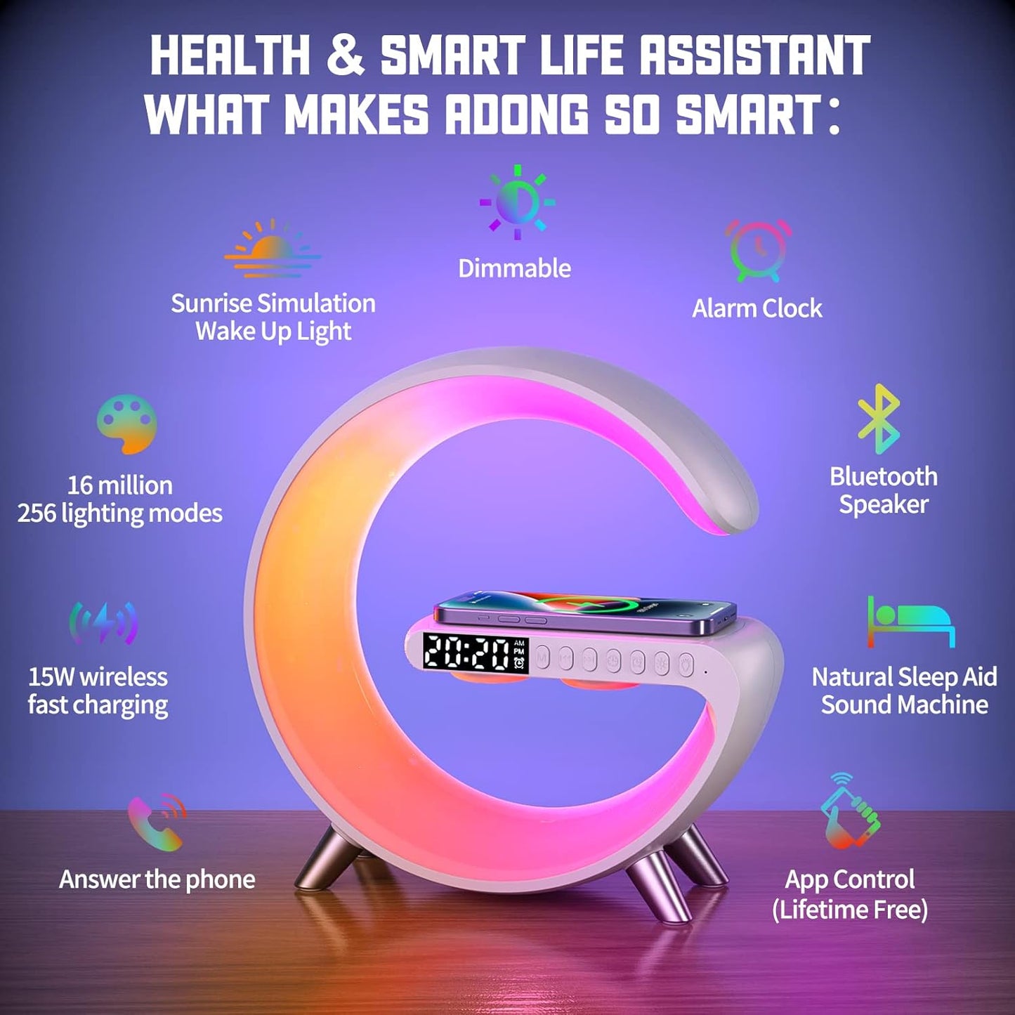 Smart Wireless Charging Alarm Clock with Bluetooth Speaker, App Controlled Bedside Lamp Table Light and Night Light, Bedroom Home Decor, Gift for Girls Boys and Family for Birthday Christmas (White)
