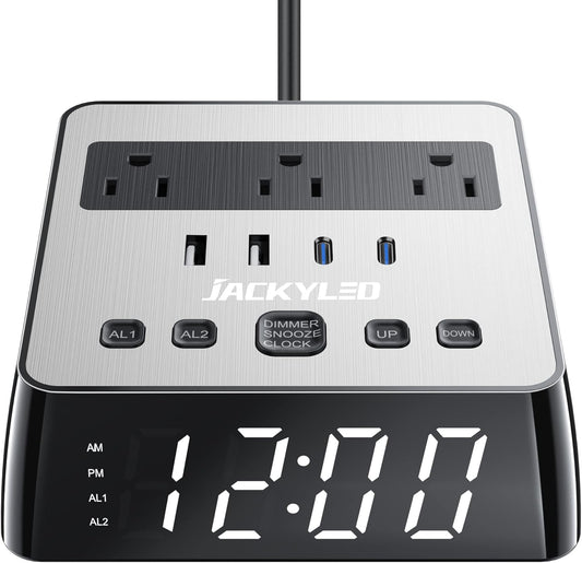 Alarm Clock with USB Charger JACKYLED Power Strip Total 4.8A USB Ports LED Full Screen Surge Protector 6.5ft Cord 4 Dimmer for Heavy Sleepers Compatible with Phone Tablet Computer Black Silver