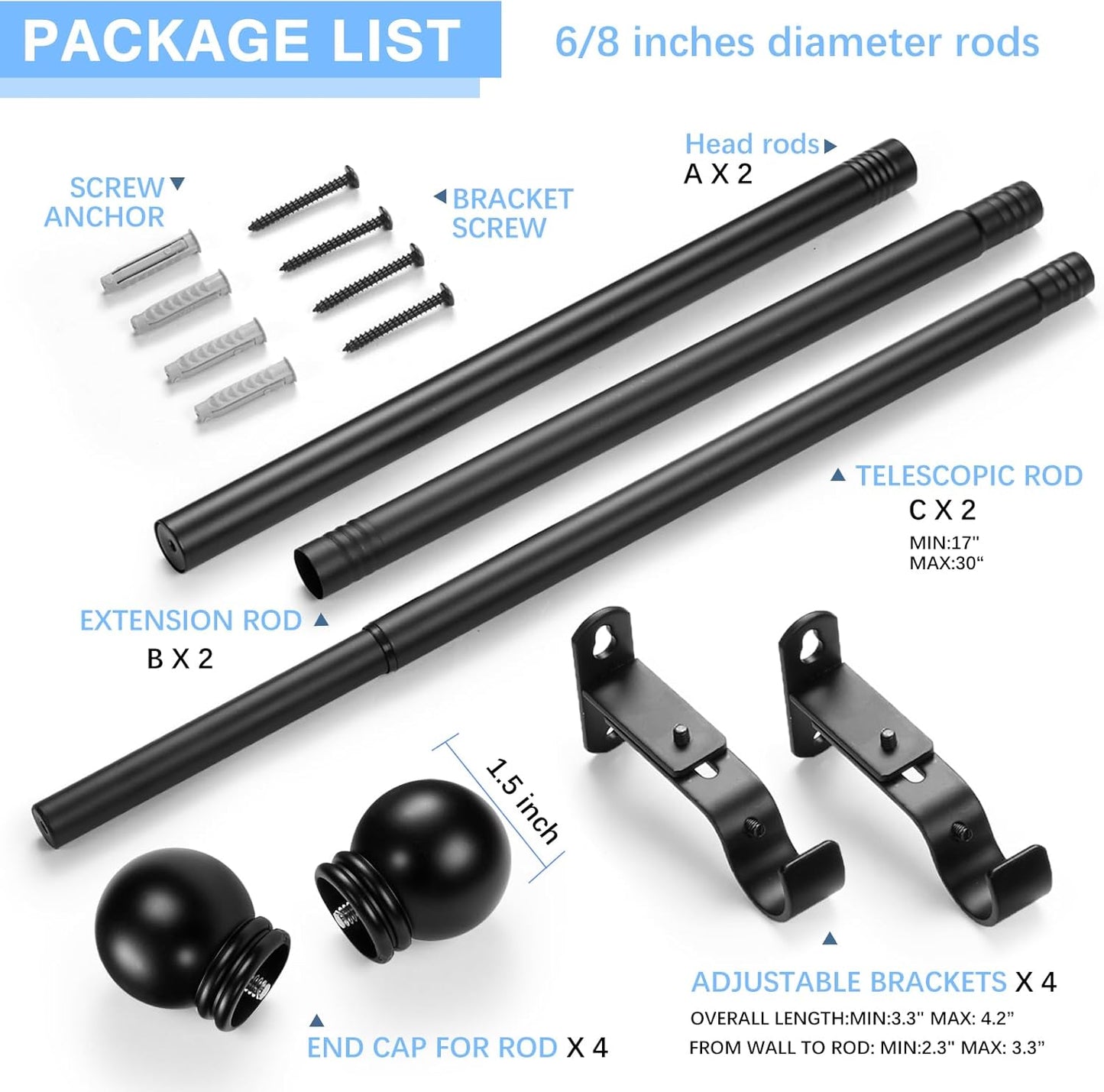 Curtain Rods for Windows 16 to 48 Inches, Curtain Rod Max Adjustable Length of 60 IN, 6/8" Diameter Drapery Rods Round Finials, Black, Pack of 2