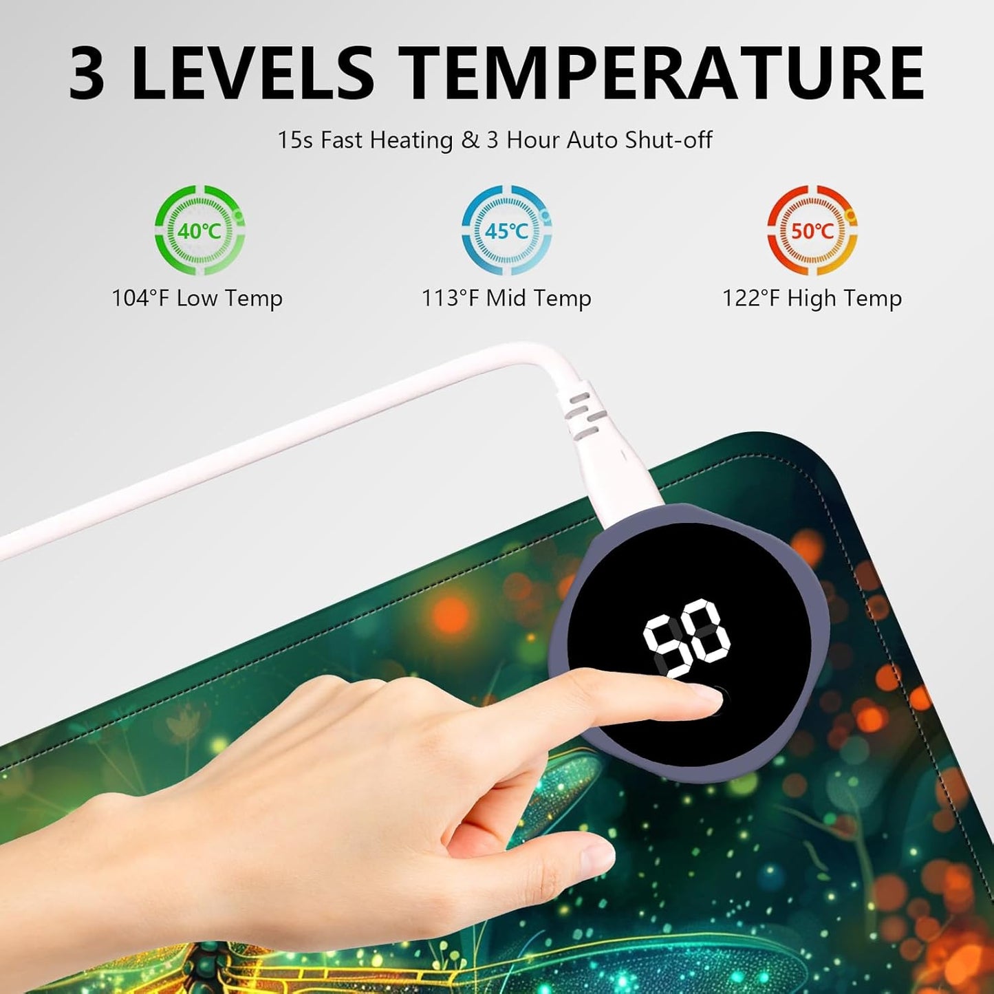 Heated Mouse Pad with 3 Levels Heated & 3 Hours Auto Shut-Off Mouse Pad for Warming Hands in Office Home, 23.6" x 14.2"Large Safe Desk Mat Hand Warmer，Glowing Dragonfly
