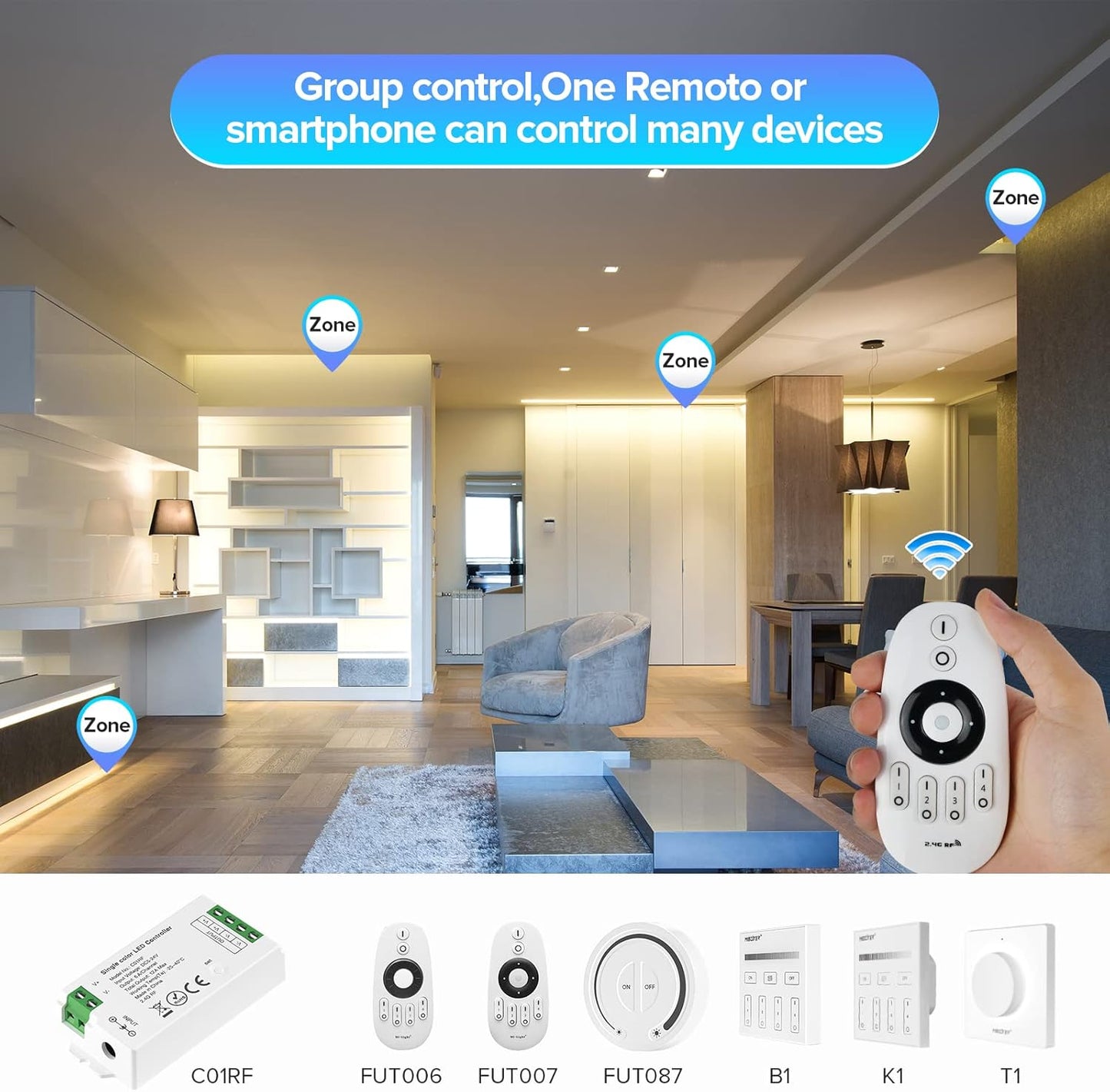 C01RF LED Controller Support PWM 5050SMD COB Single Color (+V -V) 2pin LED Strip Light Compatible with RC01RF LM087 LM007 WR02RF Remote DC5V/DC12V/DC24V Max 12A Indoor Use Only