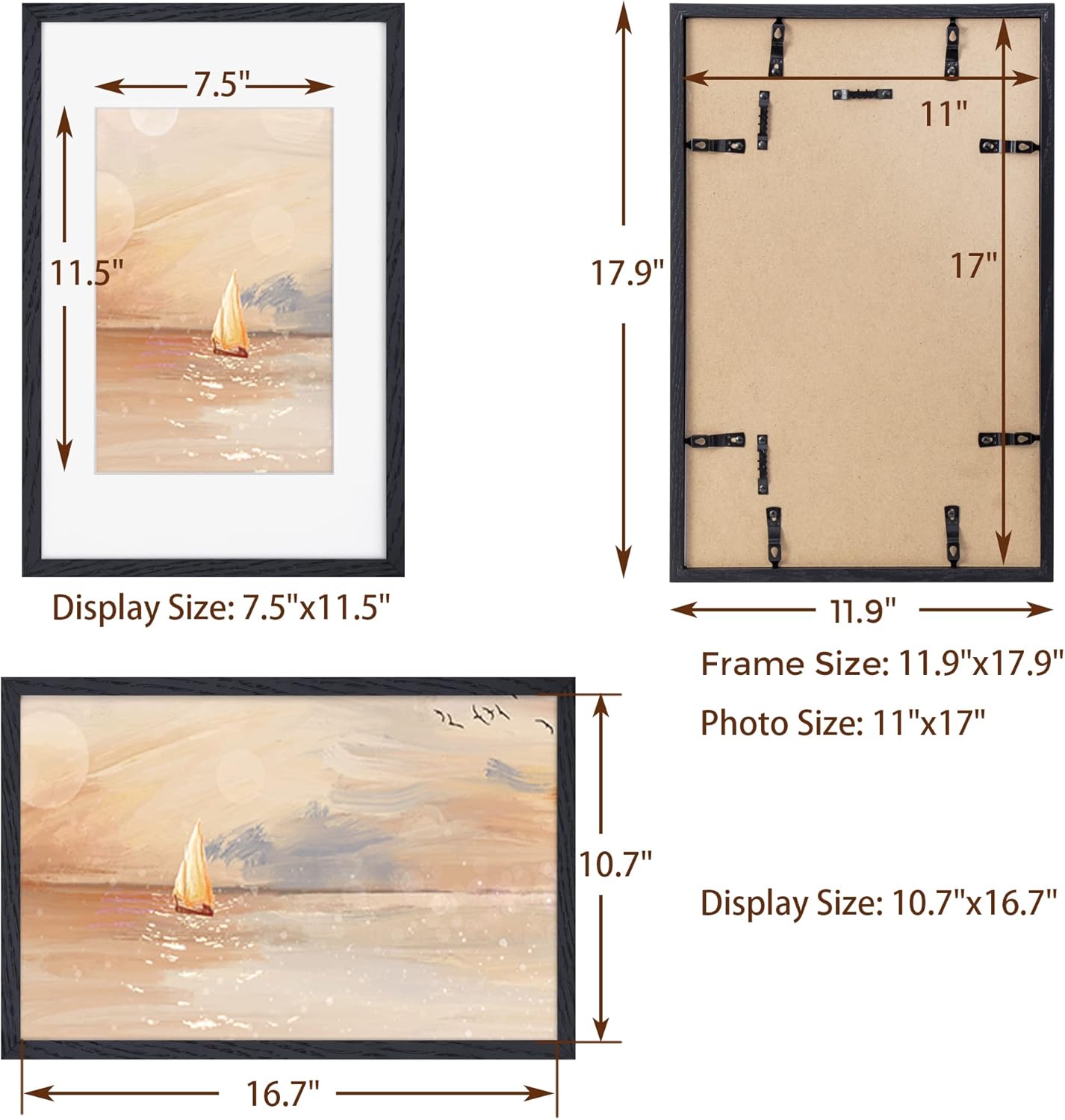 Fun Memories 11x17 Oak Wood Picture Frame in Black, 11"x17" Poster Frame for Wall, Wood Photo Frame 11 x 17 with Tempered Real Glass, 11x17 Frame Matted to 8x12 - Black Color, 1 Pack