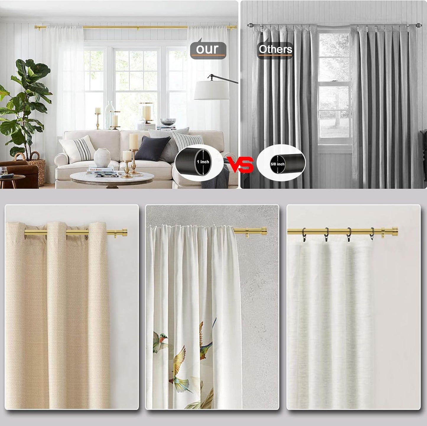 Gold Curtain Rod for Windows 18 to 45 Inches, 1 Inch Adjustable Drapery Pole, Heavy Duty Outdoor/Indoor Modern Curtain Rods, Easy Installation(Warm Gold 18"-45")
