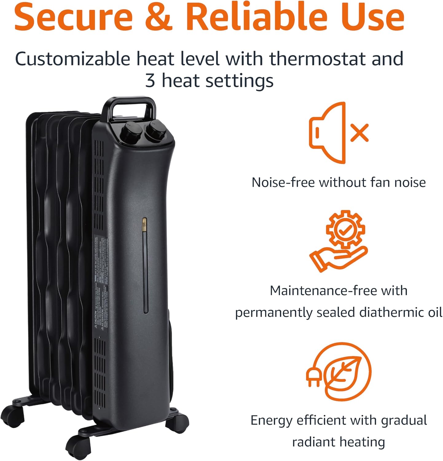Amazon Basics Oil Space Heater, Portable Radiator Heater with 7 Oil-Filled Fins for Indoor Use, 3 Heat Settings, Thermostat, Tip-Over Protection, ETL Safety Certificate, Manual Control, 1500W, Black