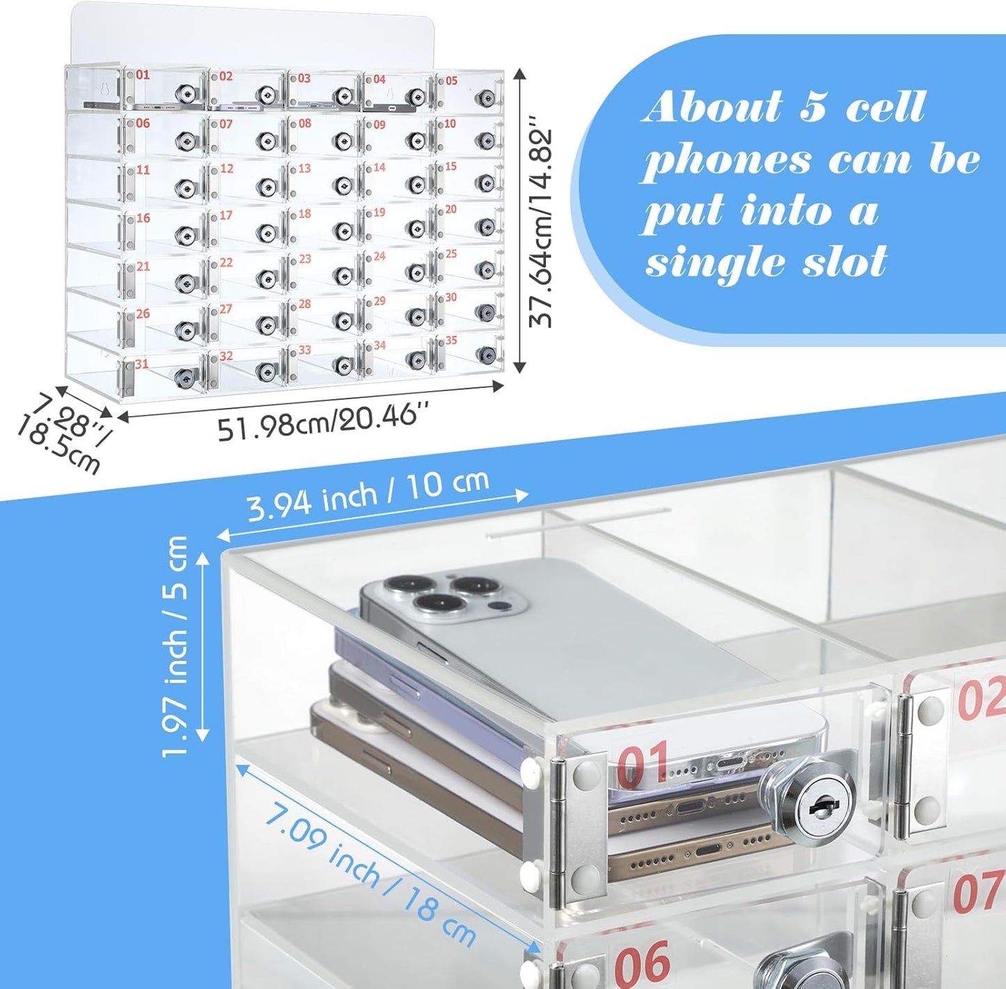 Threan 35 Slot Cell Phone Storage Box, Clear Cell Phone Storage Cabinet Wall Mounted, Including Door Locks and Keys for Office School Factory Classroom Students Staff