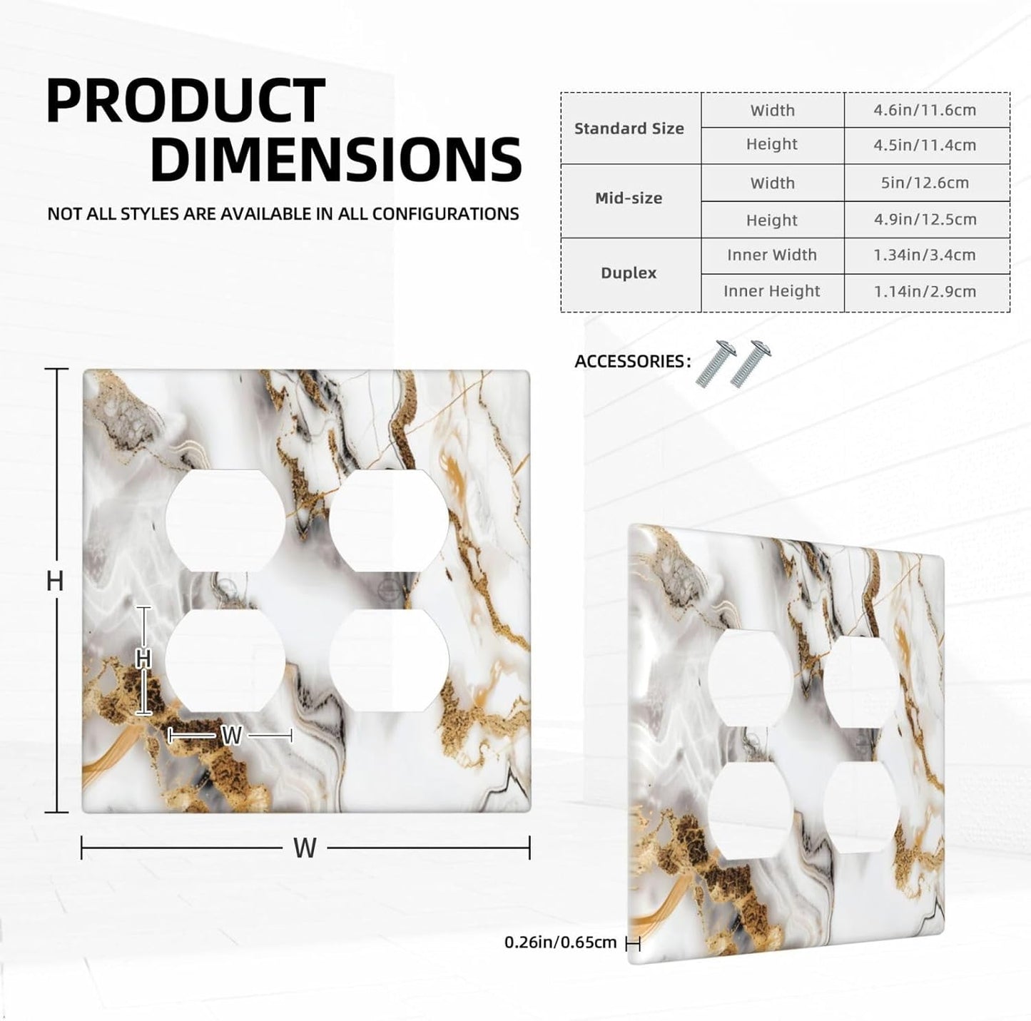 Luxurious Marble Abstract White Gold Tile Modern Simplicity Outlet Covers 2 Gang Double Duplex Decorative Light Switch Covers Electrical Wallplates Socket Faceplate for Bathroom Kitchen Decor