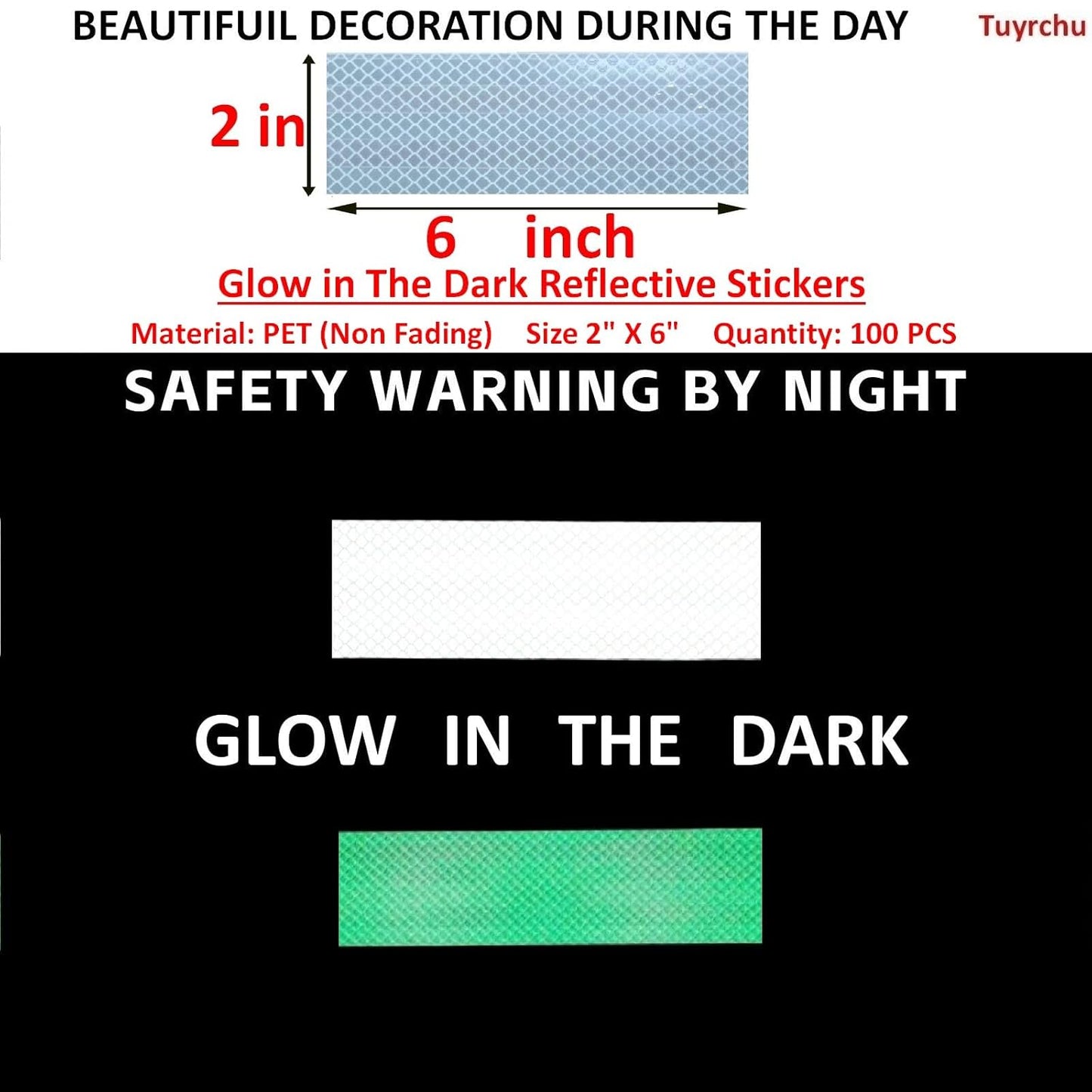 Glow in The Dark Reflective Stickers 2 inch X 6 inch for Car, High Visibility Warning Safety Reflective Strips (100 Pcs)