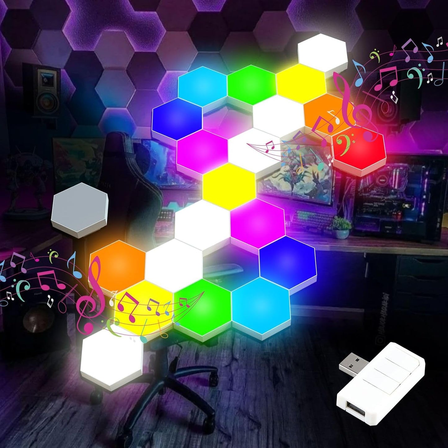 Music Sync Hexagon Lights, Vcwtty Smart LED Wall Lights 10 Pack, 13 Colors Modular Assembled RGB Wall Panels, Hex Light with USB-Power for Autism, Game Room Decor, Party