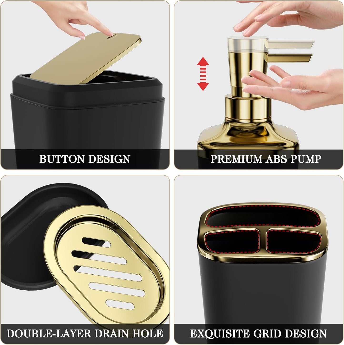 Bathroom Accessories Set - 25PC Bathroom Set with Shower Curtain and Rugs, Black Bathroom Set, Bathroom Accessory Set with Press-on Lid Trash Can, Soap Dispenser and Qtip Holders