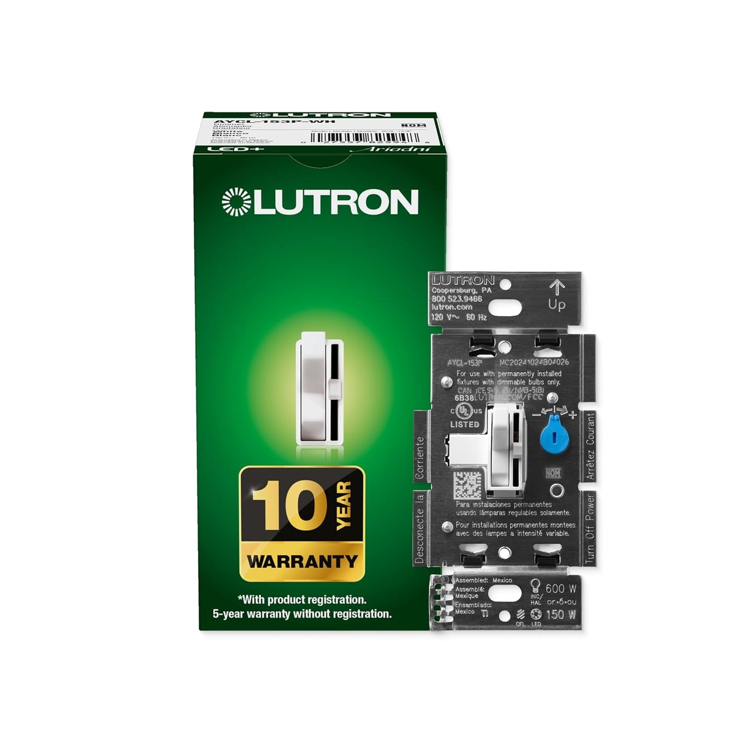 Lutron Ariadni/Toggler LED+ Dimmer Light Switch for Dimmable LED, Halogen and Incandescent Dimmer Switch, 150W, Single-Pole/3-Way, AYCL-153P-WH, White