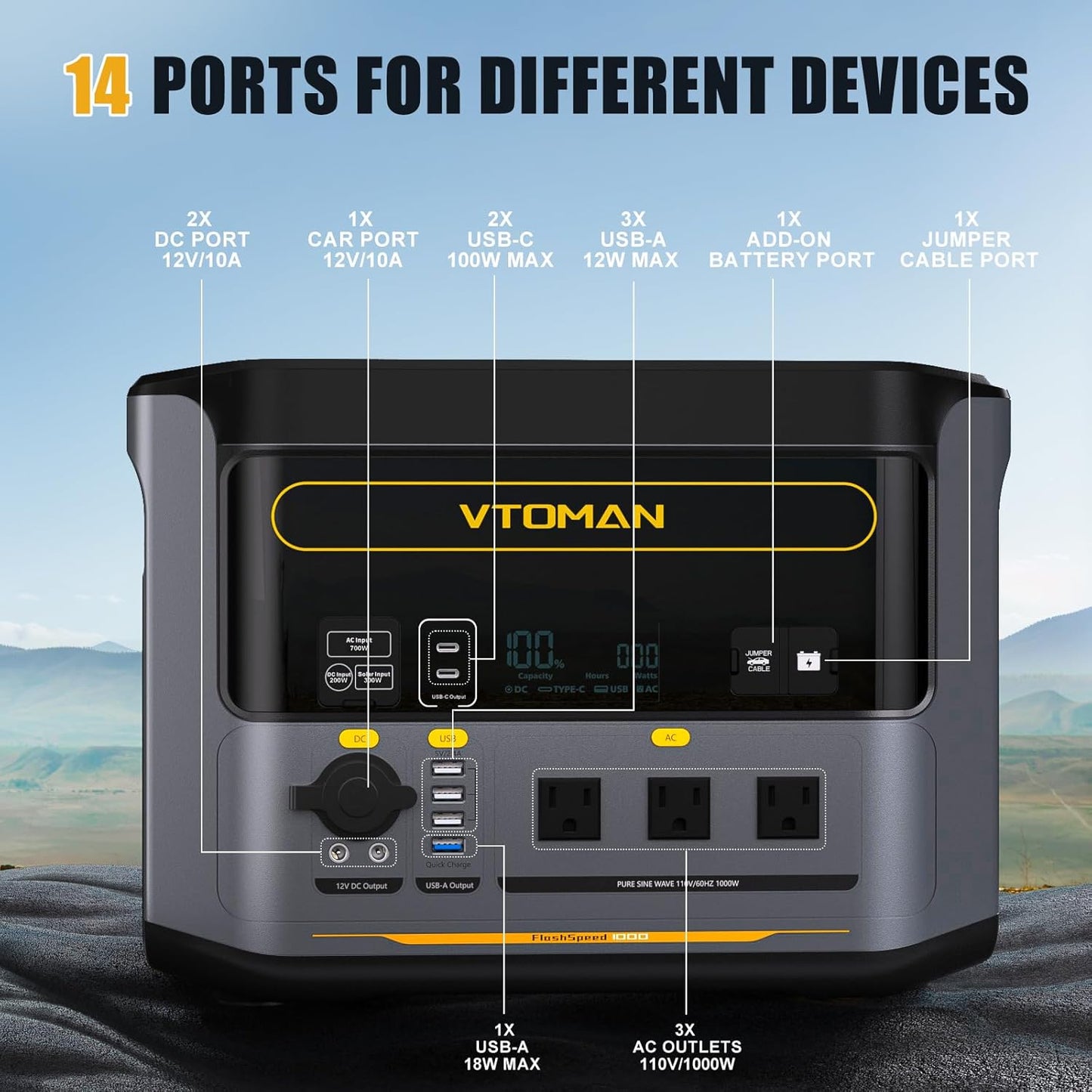 VTOMAN FlashSpeed 1000 Portable Power Station with 110W Solar Panel - 828Wh/1000W(2000W Peak) Solar Generator with LiFePO4 Battery, 100W USB-C, 60 Min Fast Charging 0-80% for Camping, Backup, RV