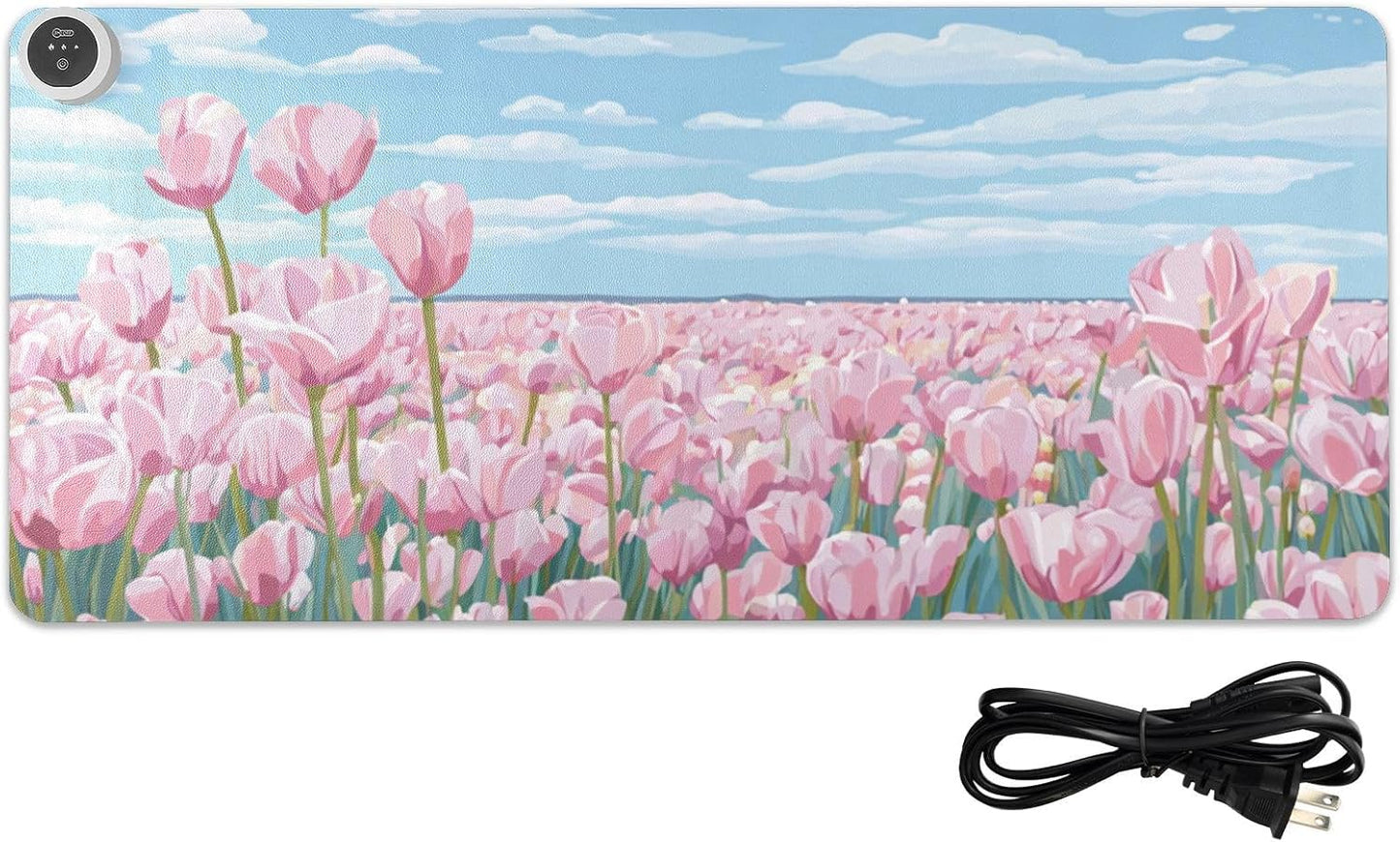 Heated Desk Pad Mouse Pad 31.5x13 Inch PU Leather Desk Mat with 3 Heat Levels Large Mouse Gaming Computer Laptop Mat Pink Tulip Field and Blue Sky