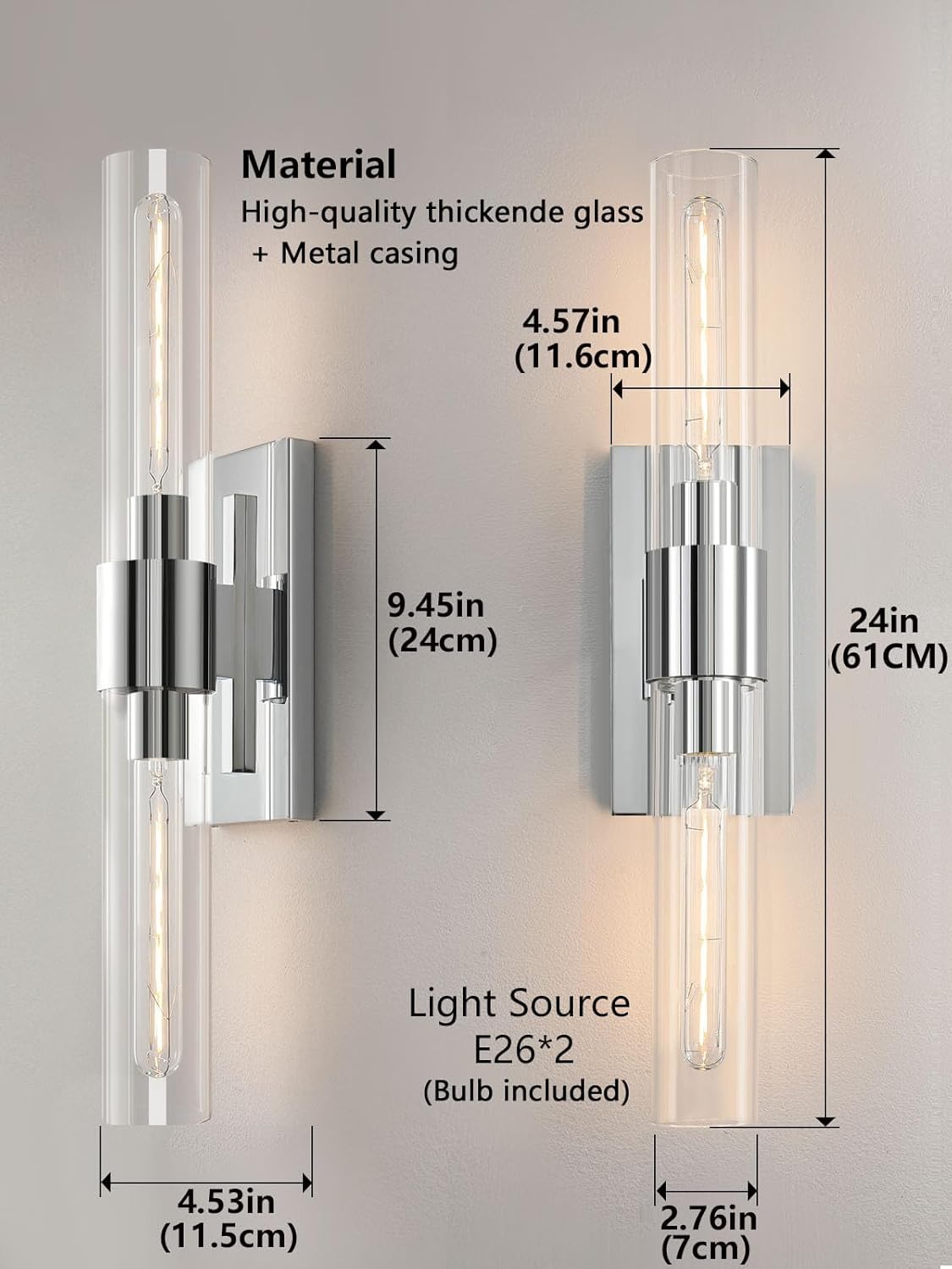 Chrome Tube Wall Sconces with Clear Glass, 24'' Modern Bathroom Vanity Light Fixtures for Bathroom Living Room Bedroom Hallway Fireplace Staircase(Bulb Included).