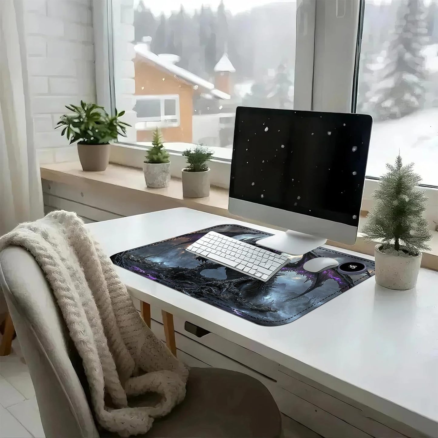 Heated Mouse Pad with 3 Temperature Settings(104°F–122°F),Large 24x14.2 Inch PU Leather Heated Desk Mat,Waterproof Warming Pad for Office,Gaming & Cold Hands Relief,Dark Dragon Fantasy