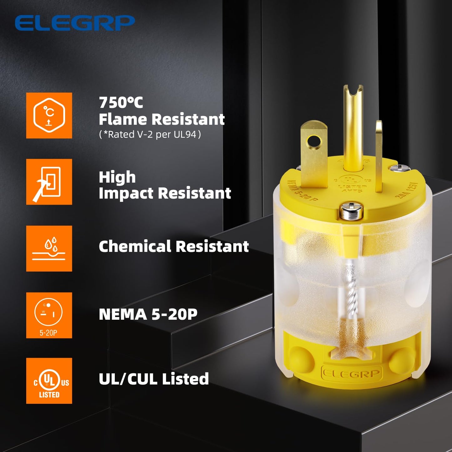 ELEGRP Lighted 20 Amp 125 Volt NEMA 5-20P 2 Pole 3 Wire Grounding Straight Blade Electrical Plug Replacement Cord Outlet Commercial Grade, Yellow, 1 Pack