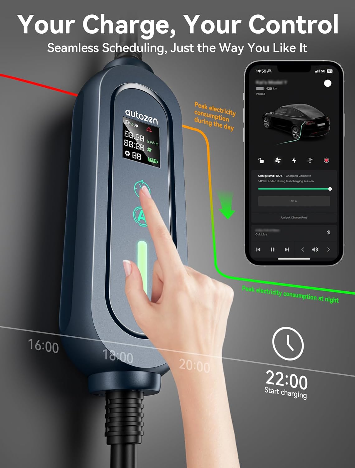 16A Level 1/2 Charger for Tesla [Adjustable Current, Delay Charge & Smart Display] NACS Mobile/Home Charger, NEMA 6-20/5-15 Plug, 110-240V, 21ft Mobile Connector Cable for Model X/Y/3/S/Cybertruck
