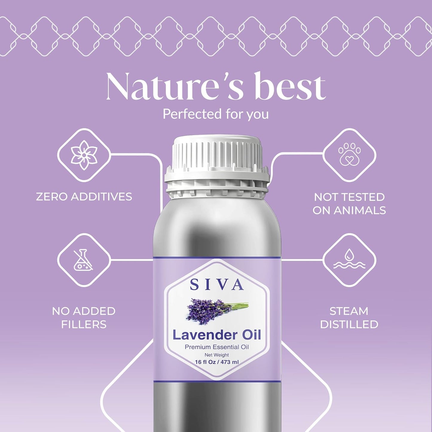 Siva Lavender Essential Oil – 16 Fl Oz – 100% Natural Lavender Oil - for Diffuser, Hair Care, Face, Skin Care, Aromatherapy, Scalp and Body Massage, Soap and Candle Making