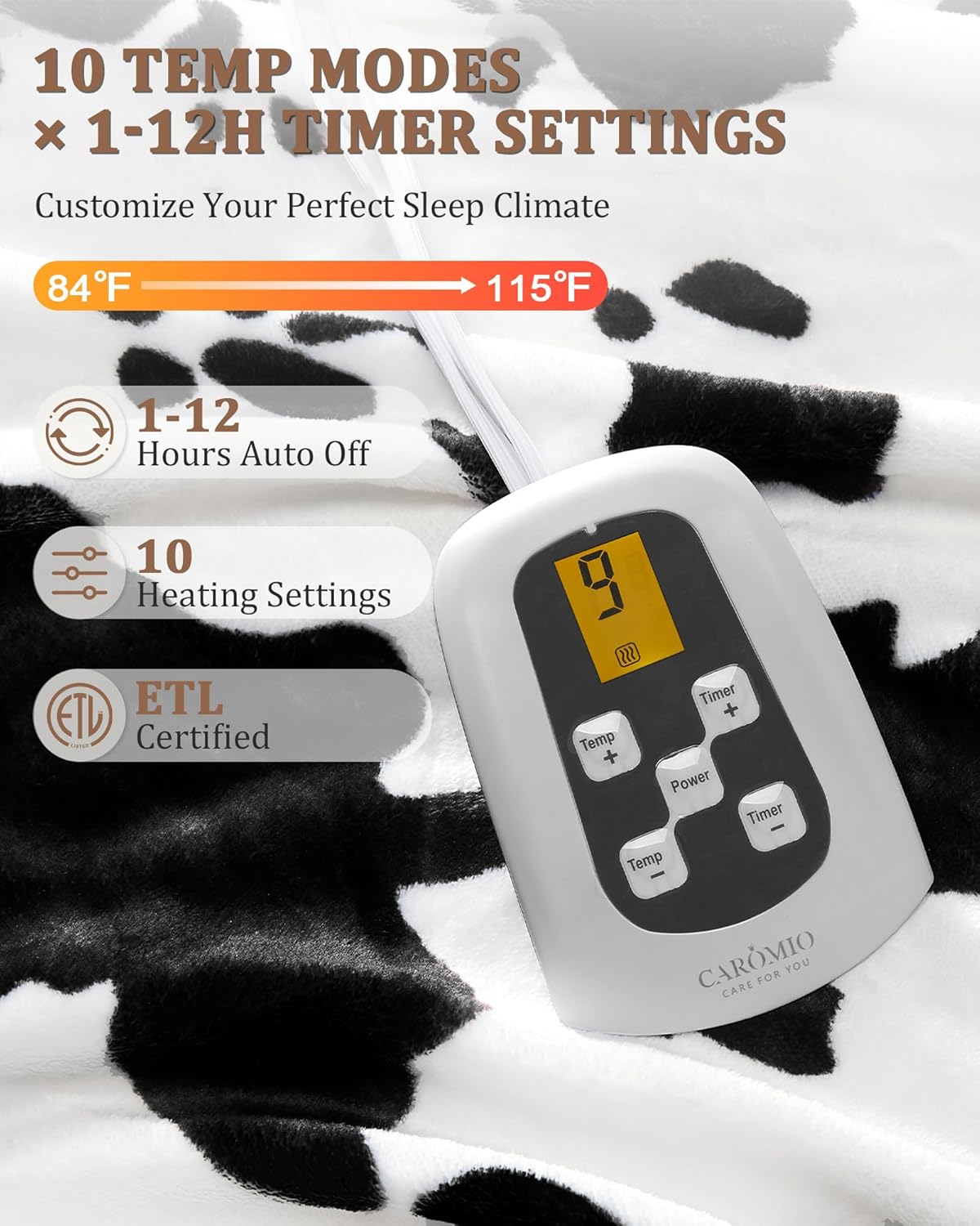 CAROMIO Heated Electric Blanket Full Size, Cow Print Fast Heating Blankets with LCD Controller, 10 Heat Levels & 1-12H Time Settings, ETL Certified, Machine Washable, Black White, 72" x 84"