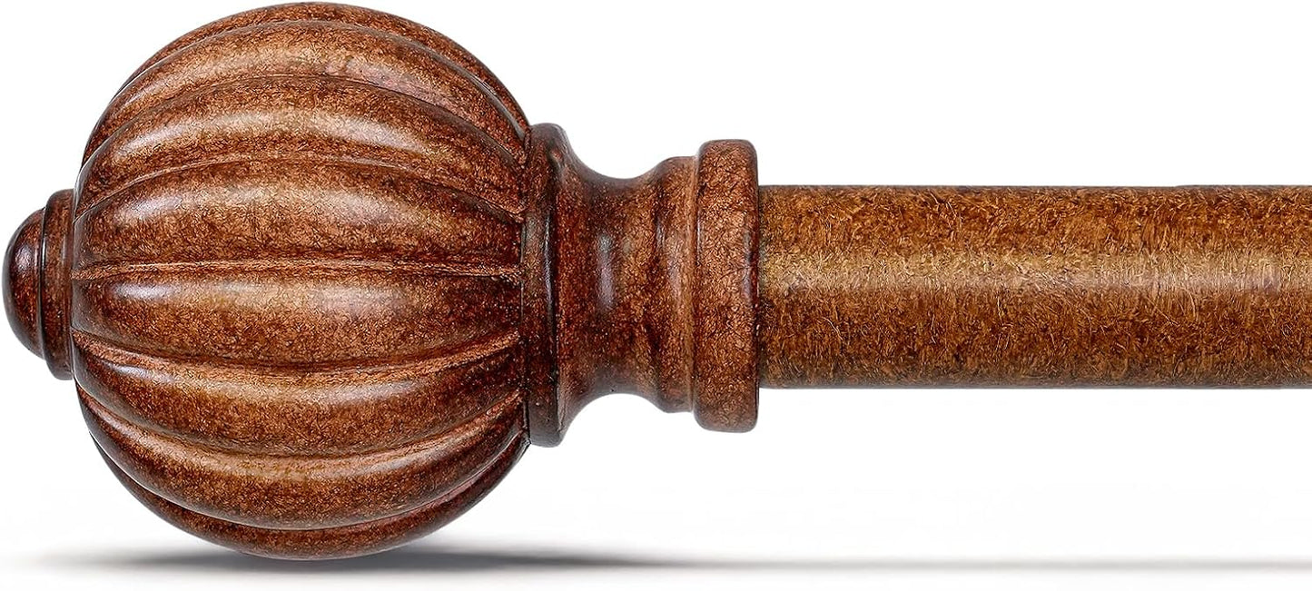Dark Brown Wood Curtain Rods for Windows 48 to 84 Inch, 1'' Adjustable Heavy Duty Curtain Rod，Vintage Imitation Wood Decorative Drapery Rods with Pumpkin Finials for Bedroom Living Room