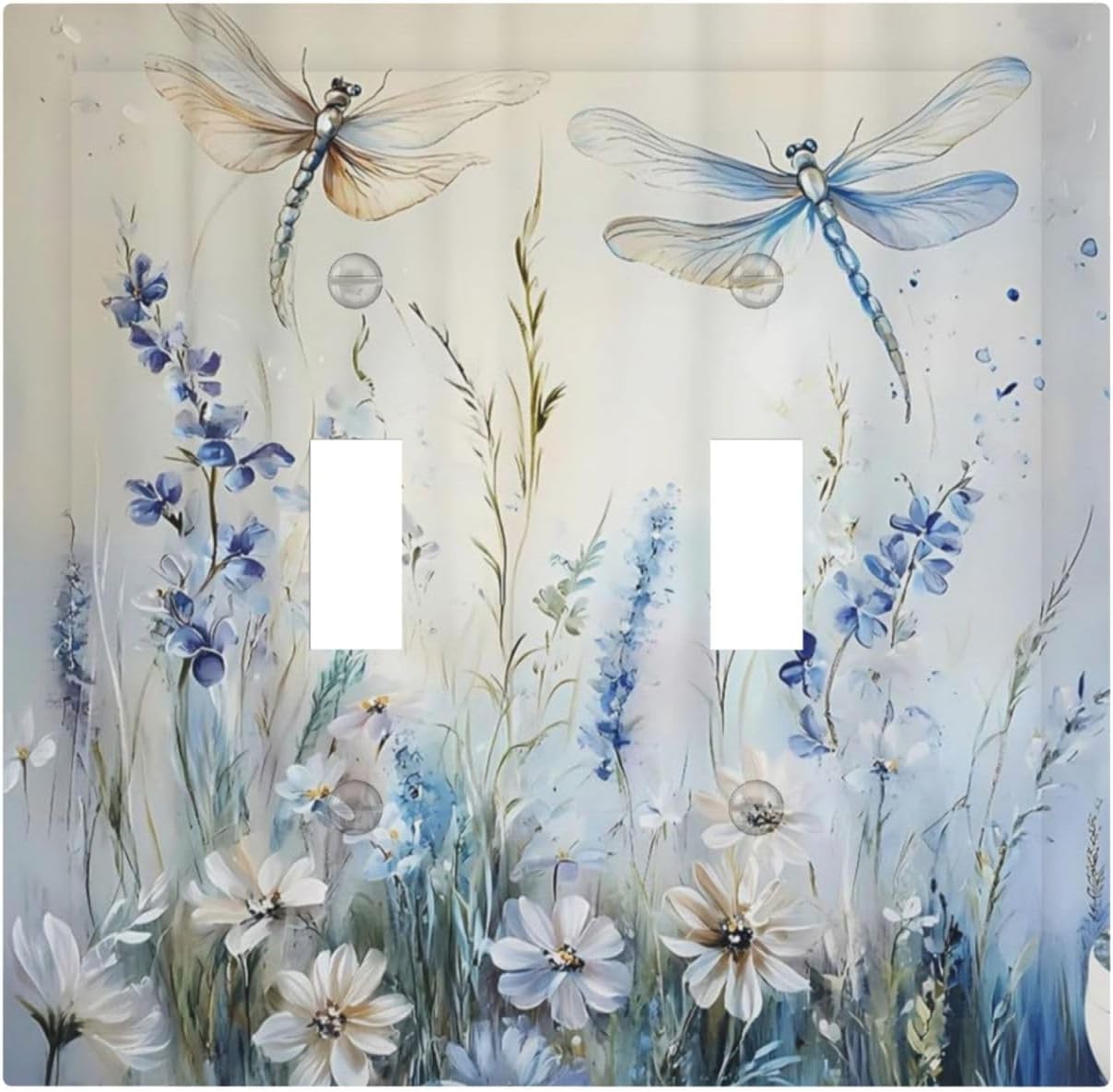 Decorative Light Switch Cover Plate Watercolor Dragonfly Blue Wihte Flower 2 Gang Outlet Covers Double Toggle Wall Plates for Electrical Outlets Switch Plate Covers Faceplate for Home Decor