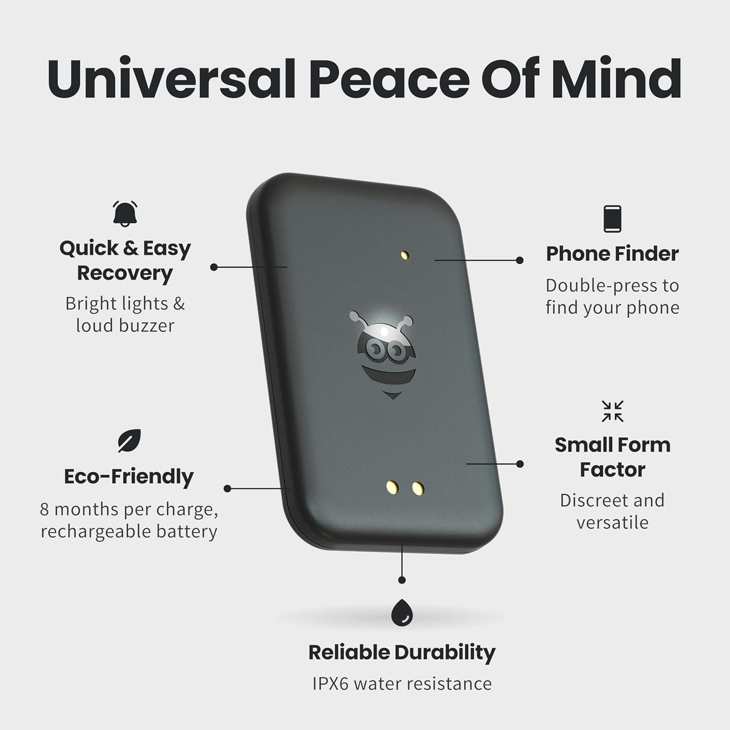 Pebblebee Tag Universal - Rechargeable Mini Item Tracker | Alternative to Air Tag & Android | 8-Month Battery Life | Works with Both Android & iOS Find My App | LED & Sound Alerts