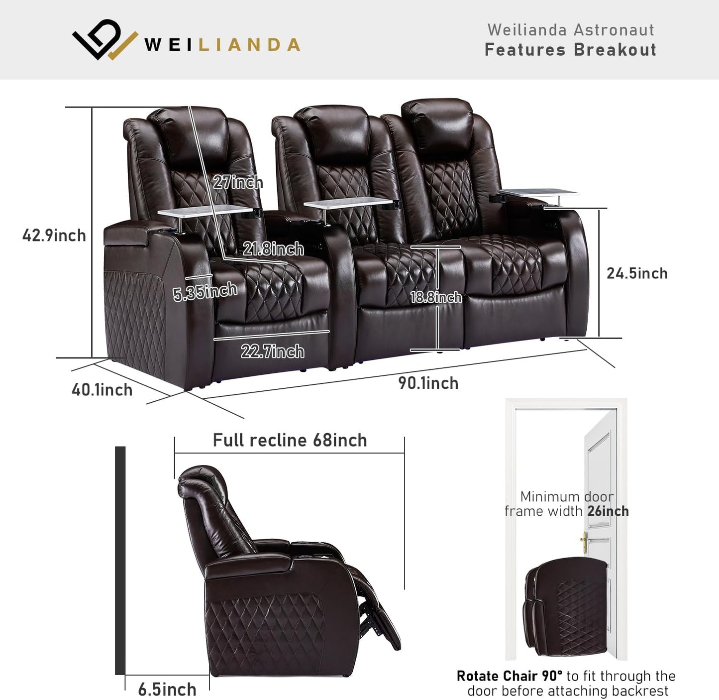 Weilianda Home Theater Seating Top Grain Leather Zero Gravity Recliner Chair Power Headrest Recline Movie Seat Gaming 7 Colors Mood Light Sofa with Tray Table USB Charge Row of 3 Loveseat Right Brown