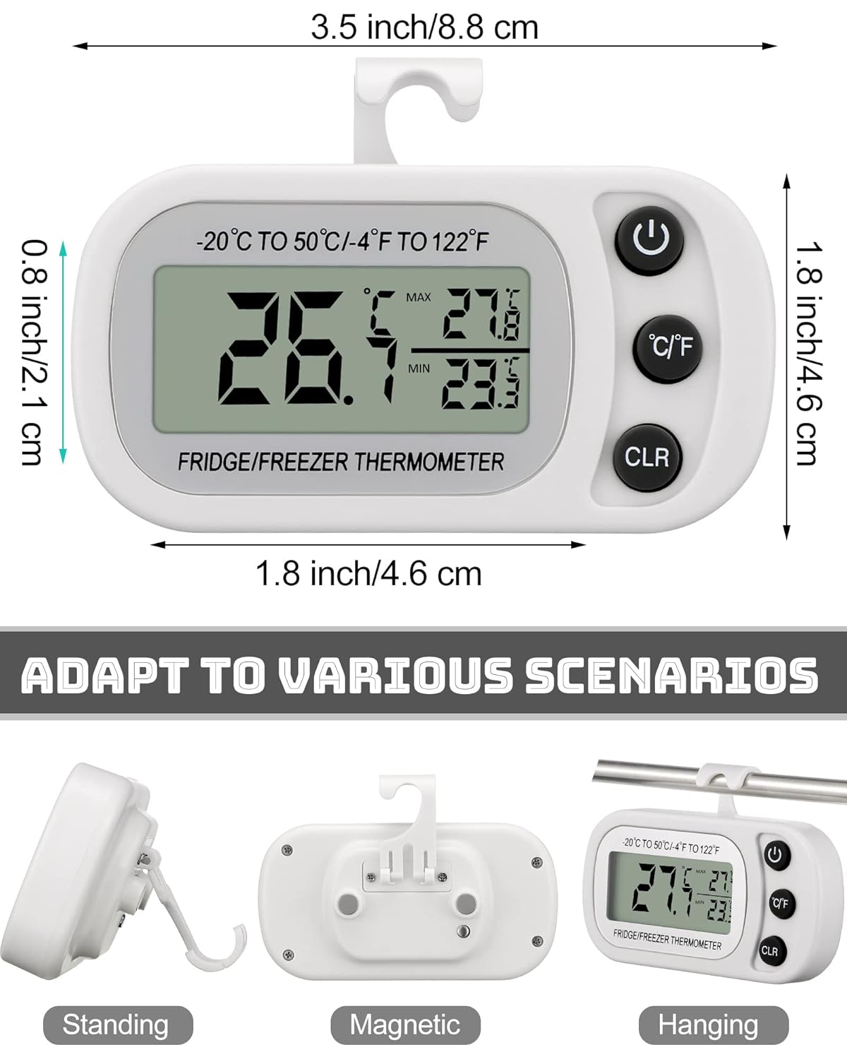 Frienda 12 Pack White Digital Fridge Thermometer Waterproof Refrigerator and Freezer Room Max/min Record Function LCD Screen Refrigerator Thermometer with Hook and Magnetic Back for Home