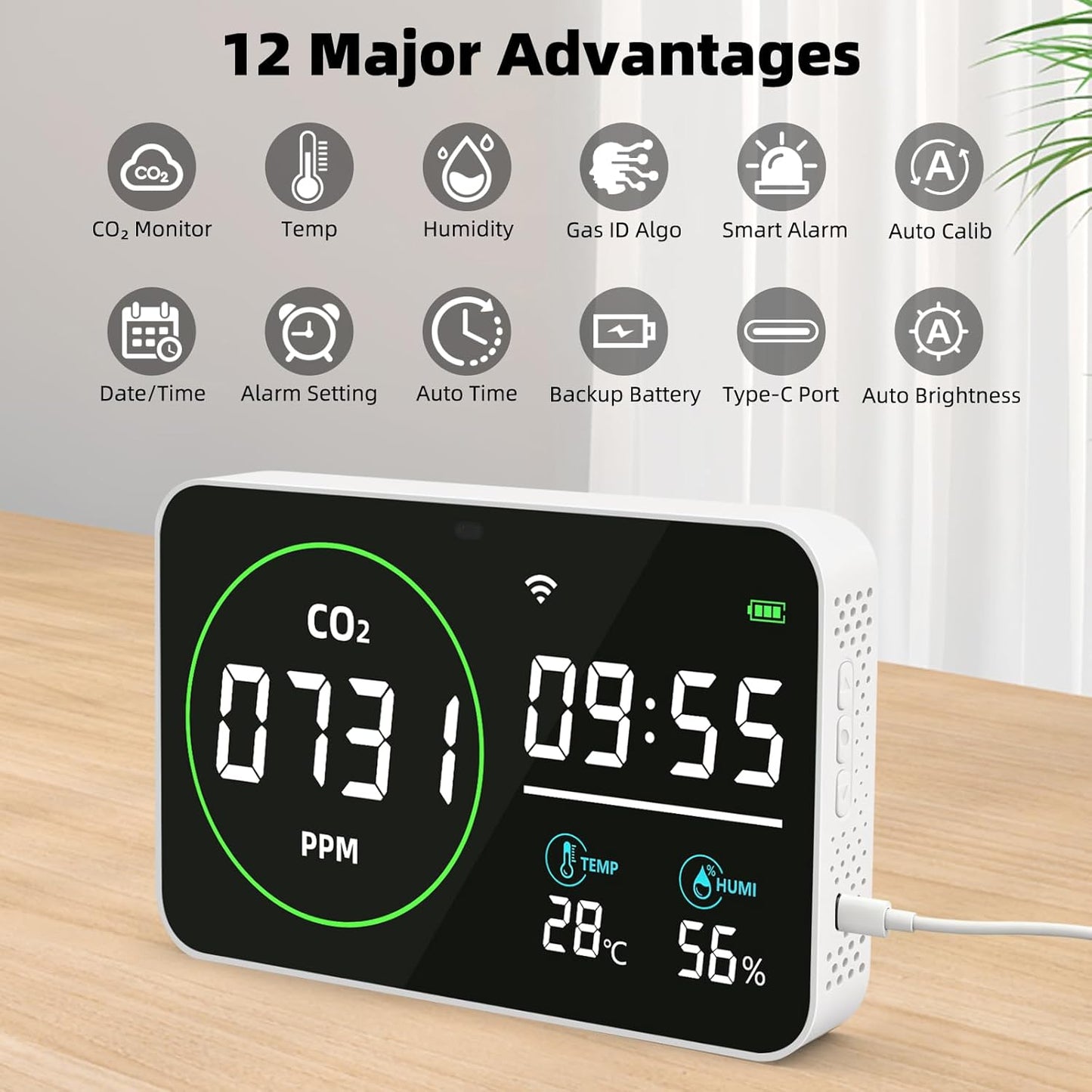 WiFi CO2 Detector, 9 Inch CO2 Monitor for CO2 Temp Humidity, Extra Large Display Digital Clocks, Air Quality Monitor for Indoor/Outdoor with Alerts, CO2 Infrared Sensor, Optical Sensor