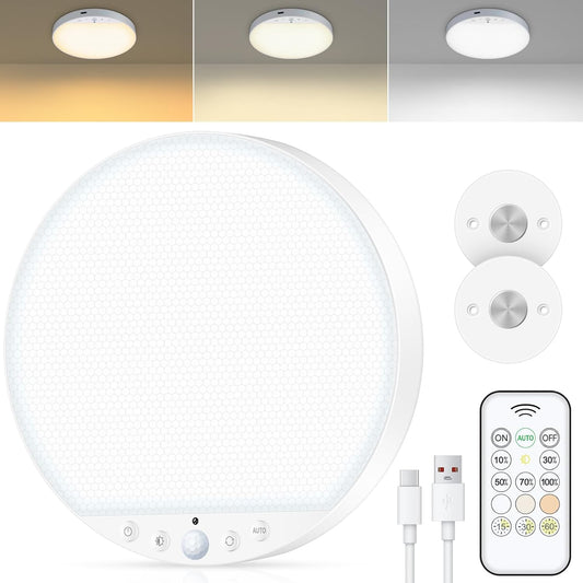 Rechargeable 8W Motion Sensor Ceiling Light Indoor, No Wiring & Magnetic Stick-On, Remote Control for Color & Brightness, Battery Operated Light for Shower, Closet, Bathroom, Pantry, Hallway, 1-Pack