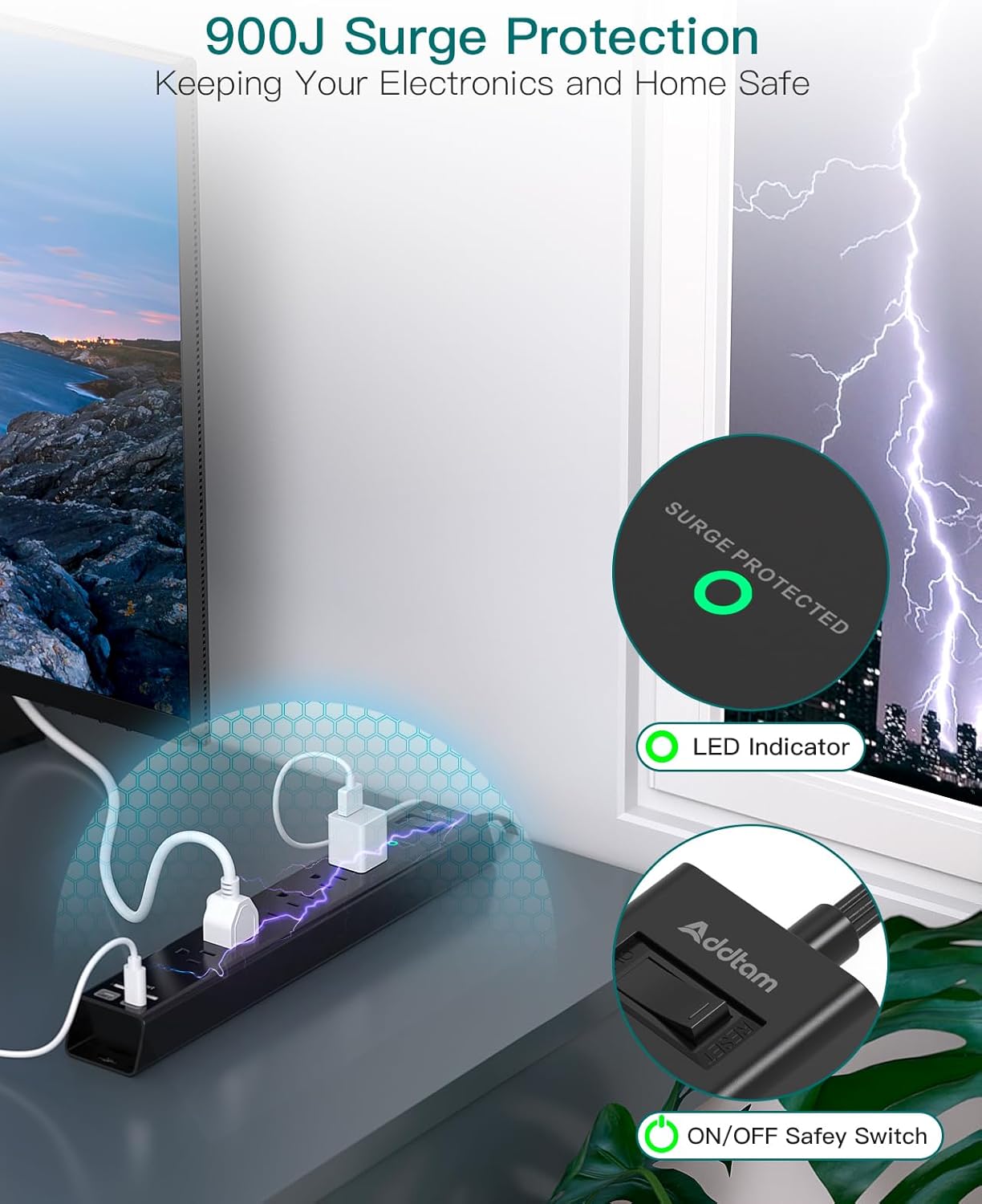 Surge Protector Power Strip - Addtam 10Ft Extension Cord with 6 AC Outlets and 4 USB Ports(2USB C), Wall Mount, Long Cord Power Strip for Home Office College Dorm Room Essentials
