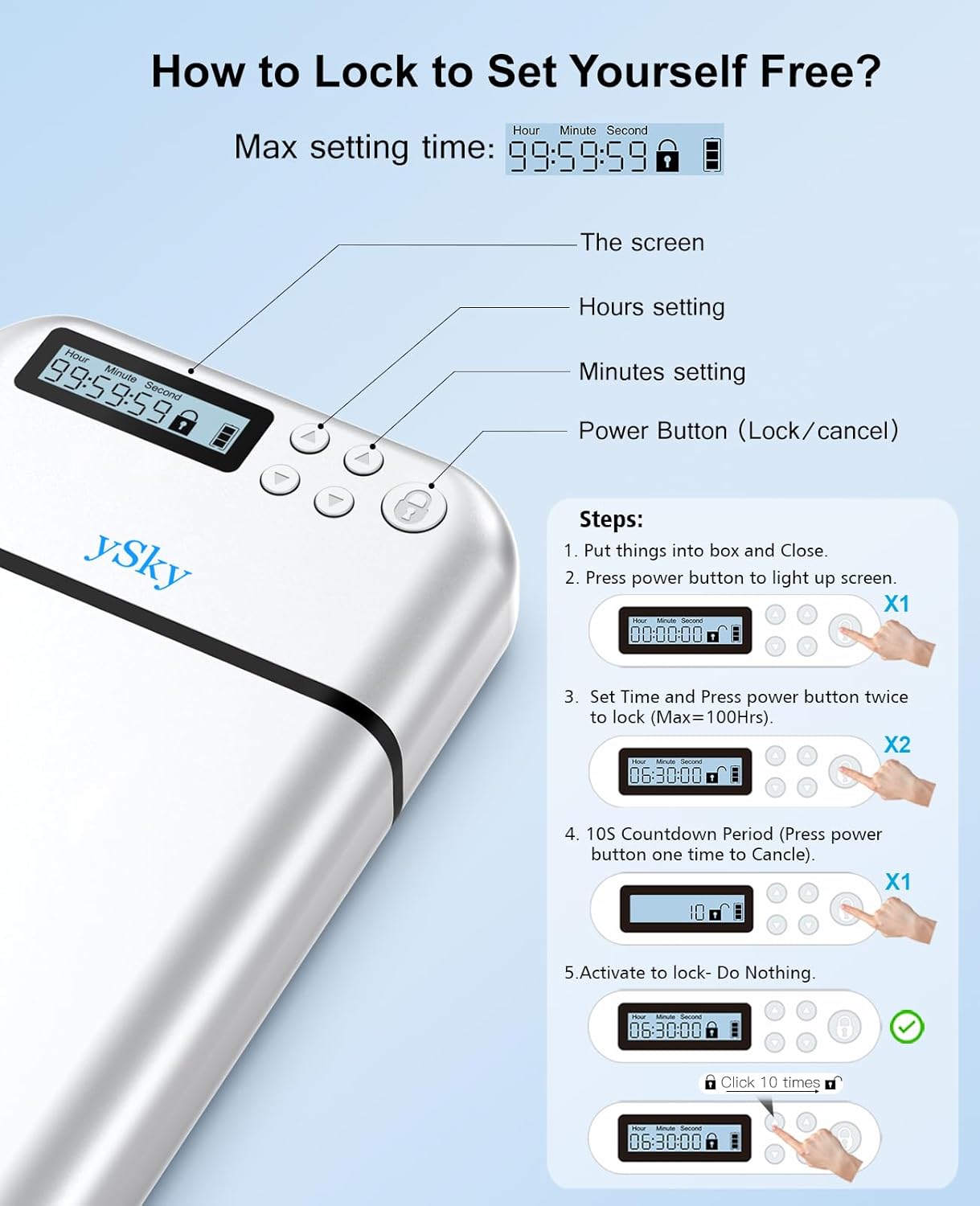 ySky Metal Phone Lock Box with Timer,Portable Timed Phone Lock Box for iPhone and Android Phones, Self-Control Timer Phone Locker to Help Kids,Students, Adults Focus Back, Phone Jail Box