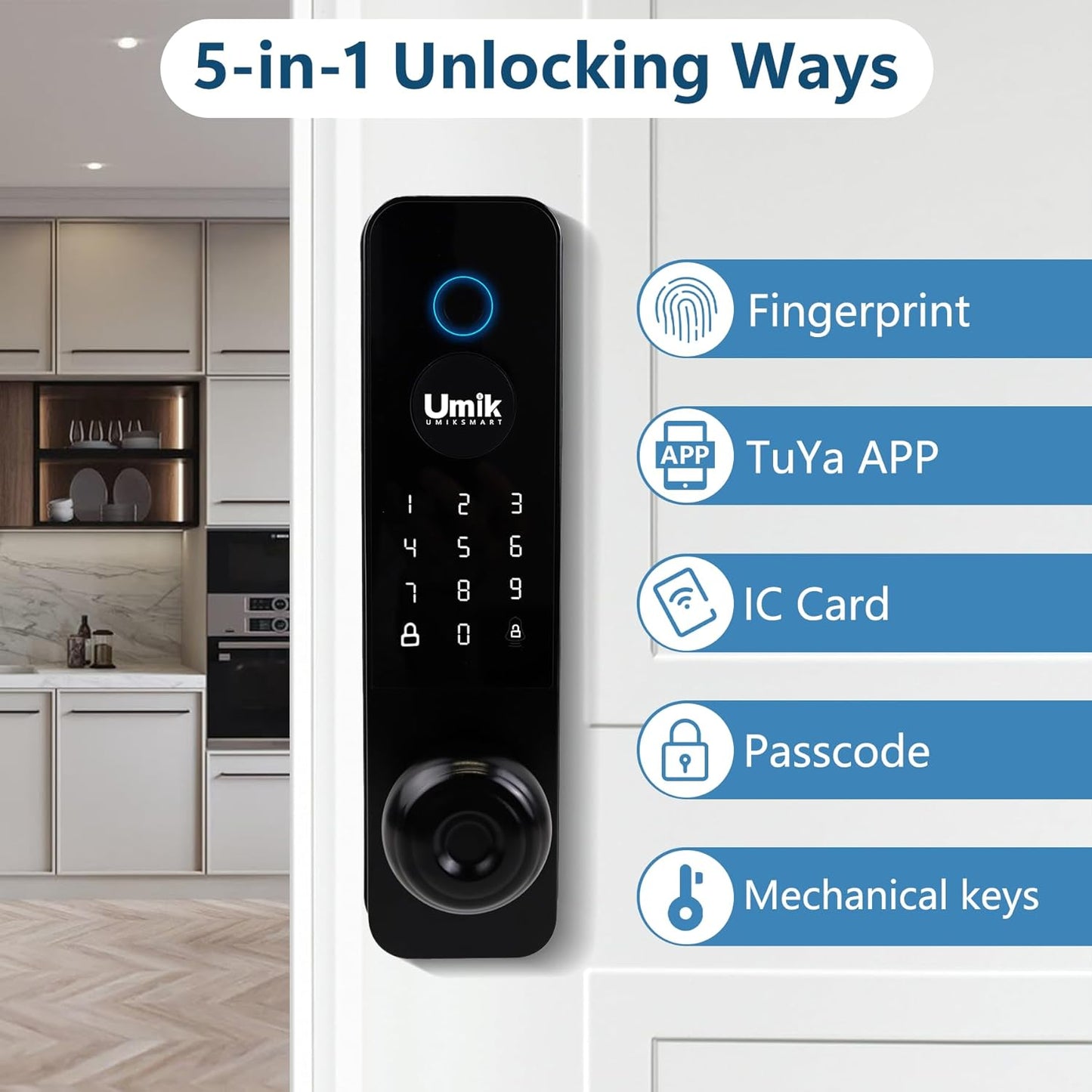 Smart Door Lock, Keyless Entry Fingerprint Door Lock with Knob, Electronic Smart Door Knob with Digital Keypad, App Remote Control, WiFi Smart Deadbolt Lock for Front Door, Matte Black