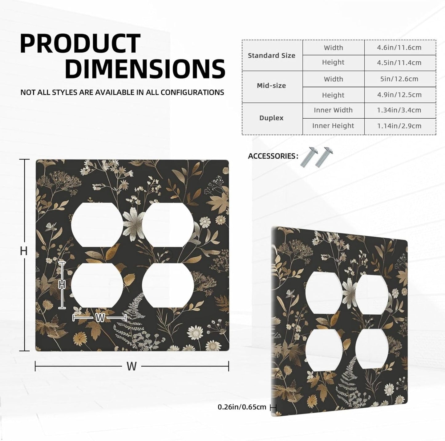 Outlet Covers Black Gold Floral Dark Leaves Vintage Flowers 2 Gang Double Duplex Decorative Light Switch Covers Electrical Wallplates Socket Faceplate for Bed Room Home Decor