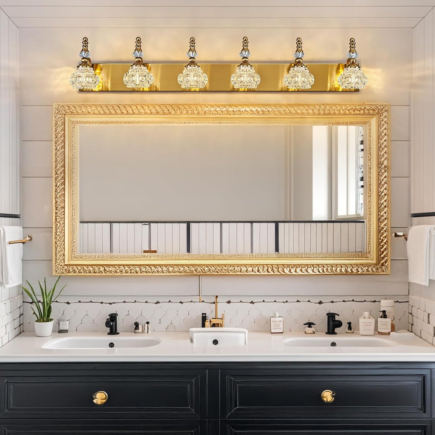 Modern Glass Crystal Vanity Light - Vintage Bathroom Lighting Fixtures Over Mirror 6 Light Vanity Lights G9 Bulb (43.3 Inch, Gold)