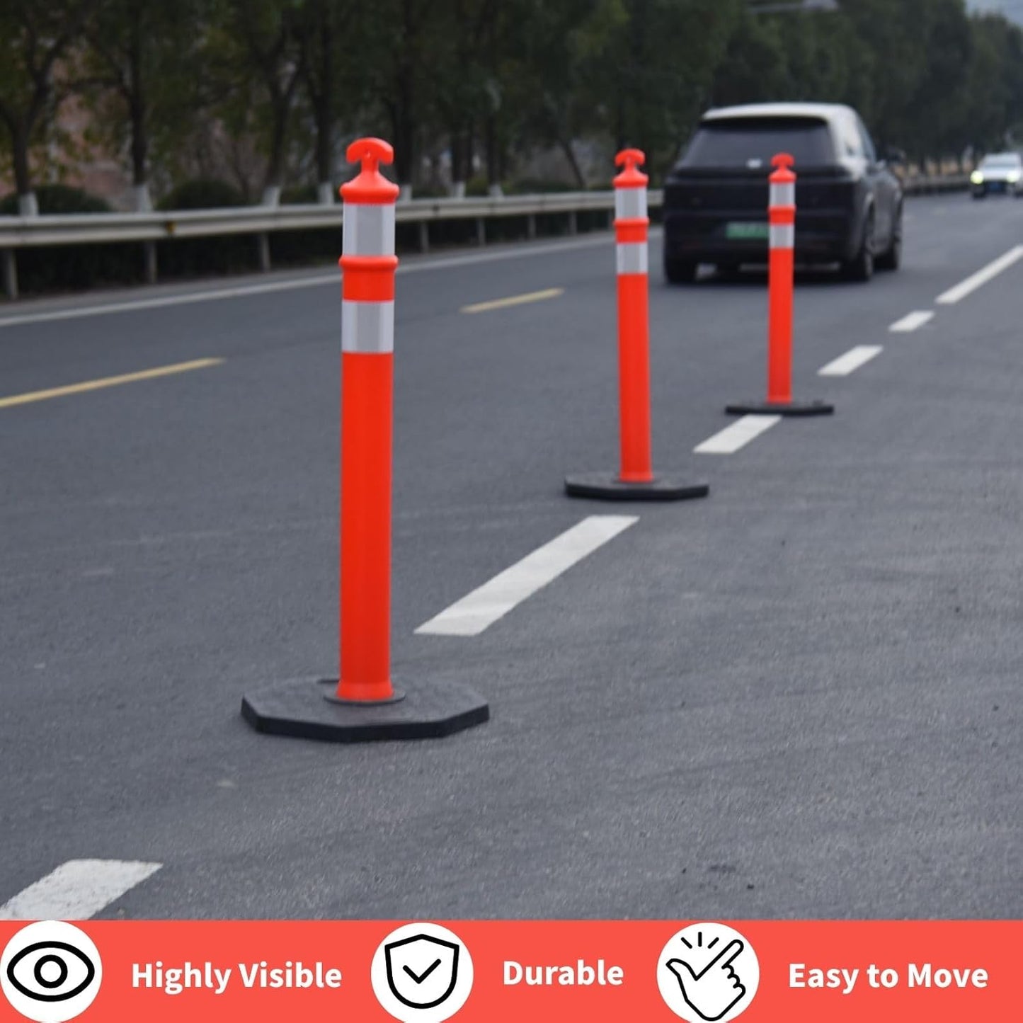 Reflective Rubber Base Traffic Delineator Post - Heavy-Duty Safety Bollards for Parking Lot Markers, Road Construction, Driveway Warning - with Reflective Strips (3 Pack - 42 Inch)