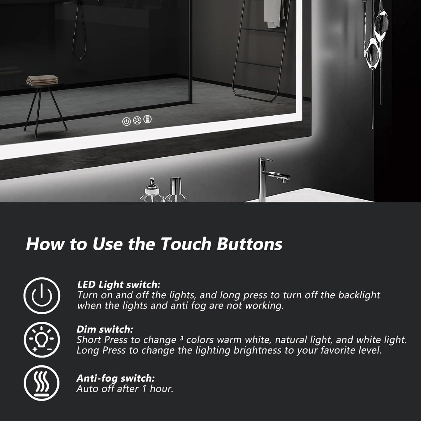 ROOMTEC 60 x 36 Inches LED Bathroom Mirror with Front and Backlit,Anti-Fog,3 Colors and Dimmable Light(Horizontal/Vertical), Silver