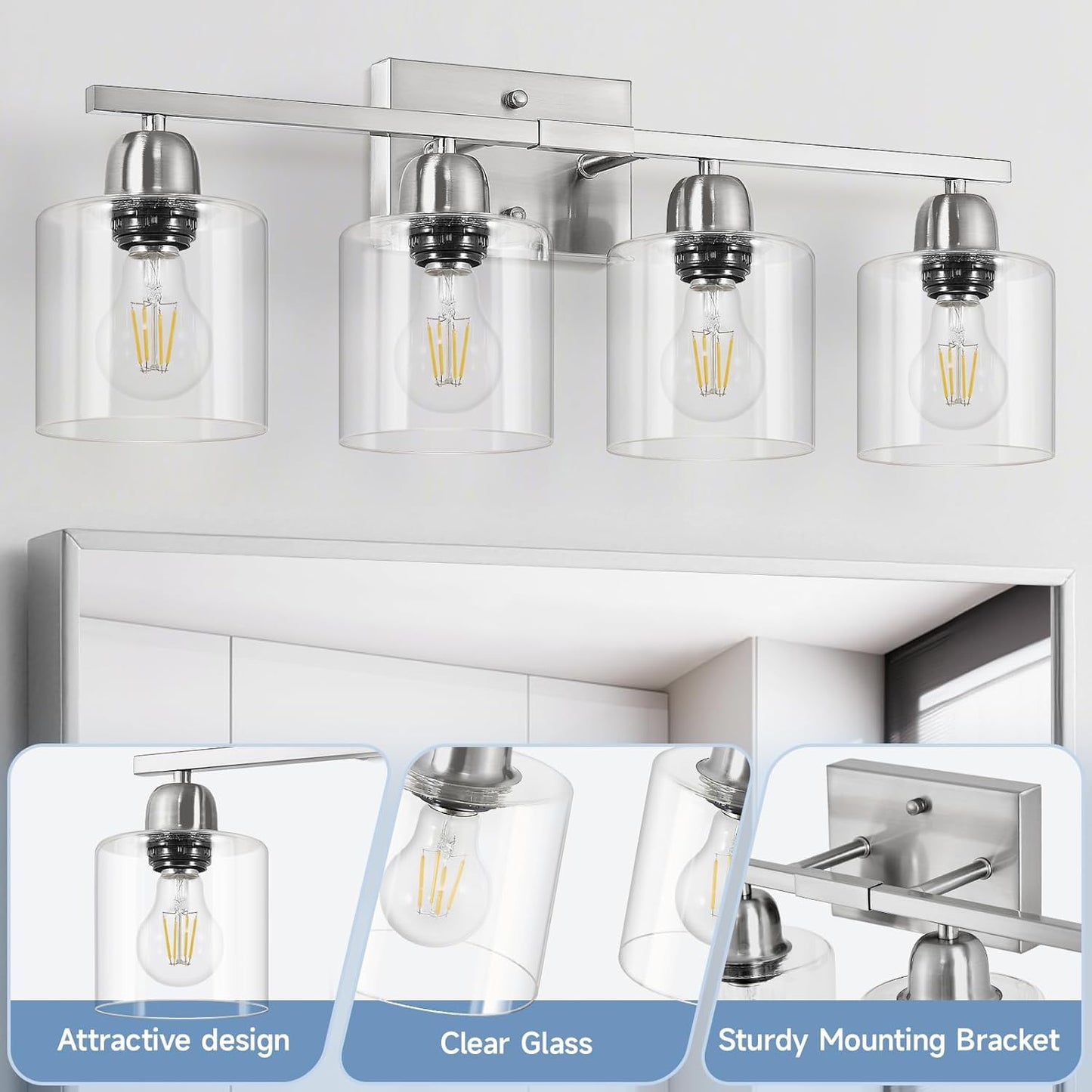 Modern Brushed Nickel 4 Light Bathroom Light Fixtures, 24 inch Vanity Lights for Bathroom with Clear Glass, Vanity Lights for Mirror Kitchen Living Room Hallway Cabinet Porch