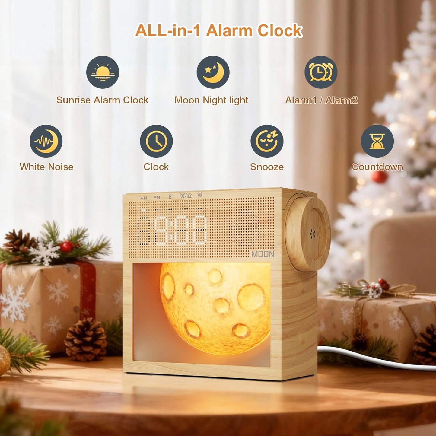 Sunrise Alarm Clock, Sound Machine & Gentle Wake-Up Light, Dual Alarms 20 Natural White Noise Machine for Heavy Sleepers Adults, Snooze, Timer, Dimmable Bedroom Bedside Moon Lamp, Better Sleep Gifts