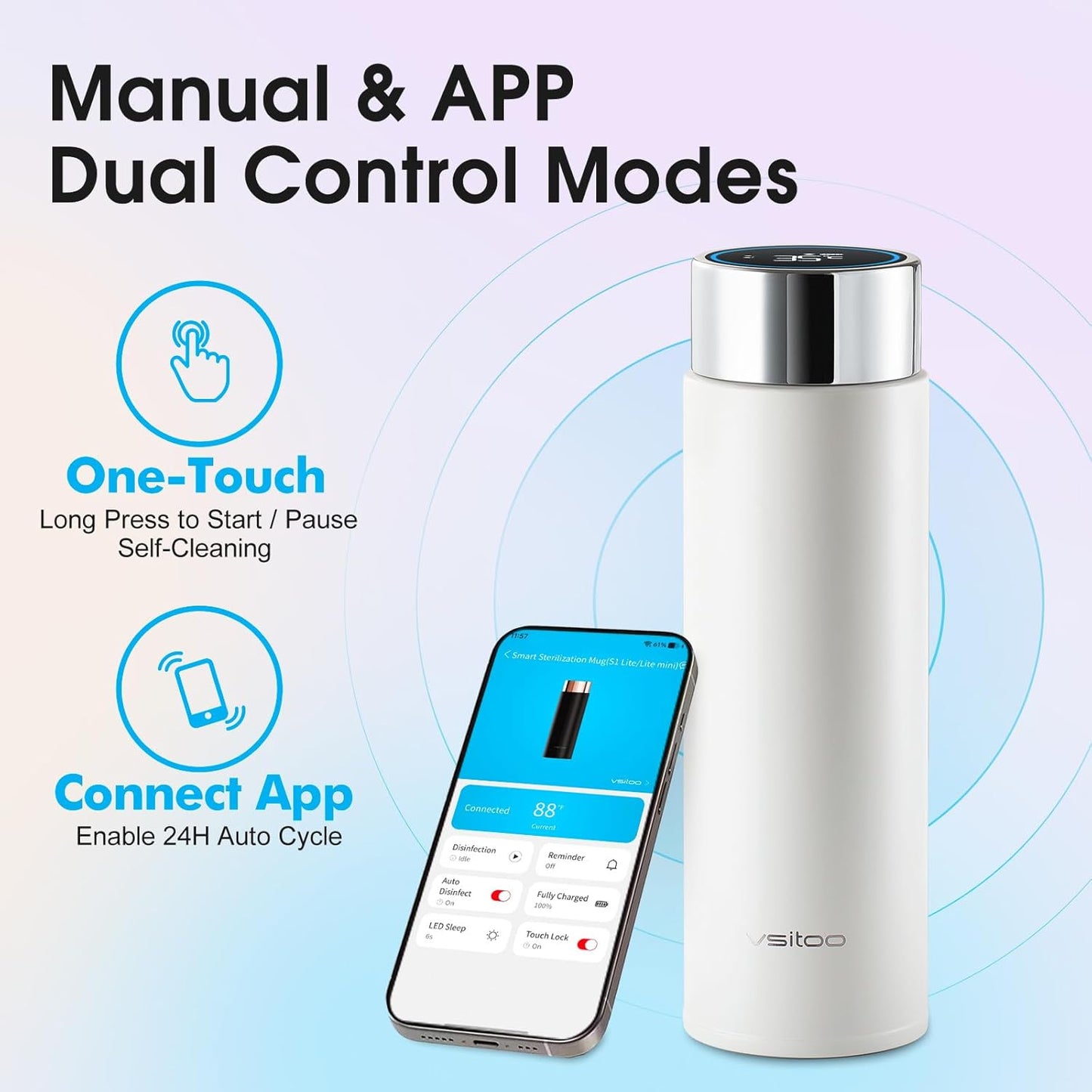 Vsitoo Smart self cleaning Insulated Water Bottle, 15oz Stainless Steel Vacuum Flask, AI Self-Clean, 30-Day Battery Life, BPA-Free, Magnetic Charging, Portable Travel Mug Gifts for Men Women, White