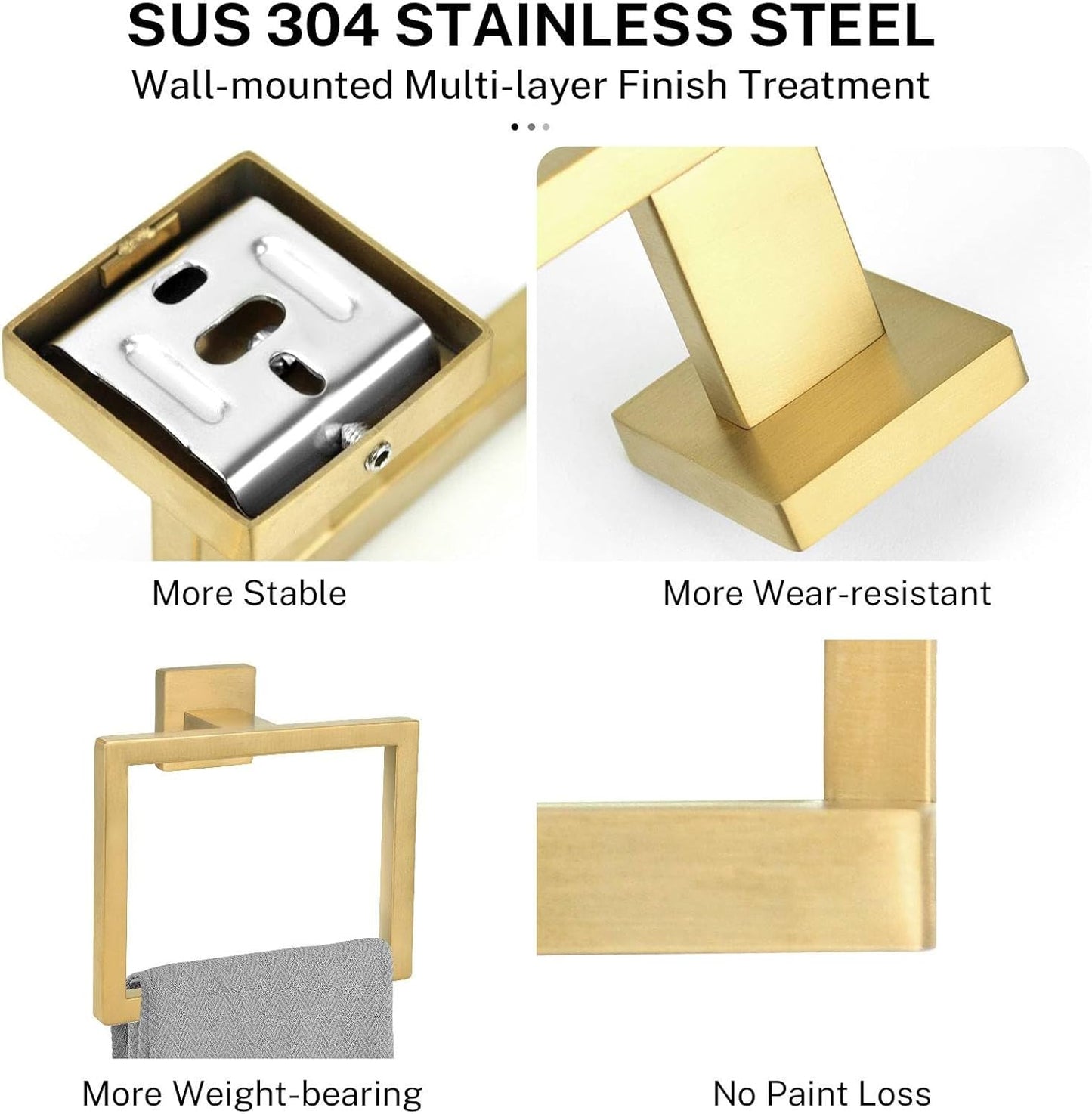 Brushed Gold Towel Ring,Square Hand Towel Holder,Towel Hanger, Bathroom Hardware Accessories,Stainless Steel Wall-Mounted Towel Rack