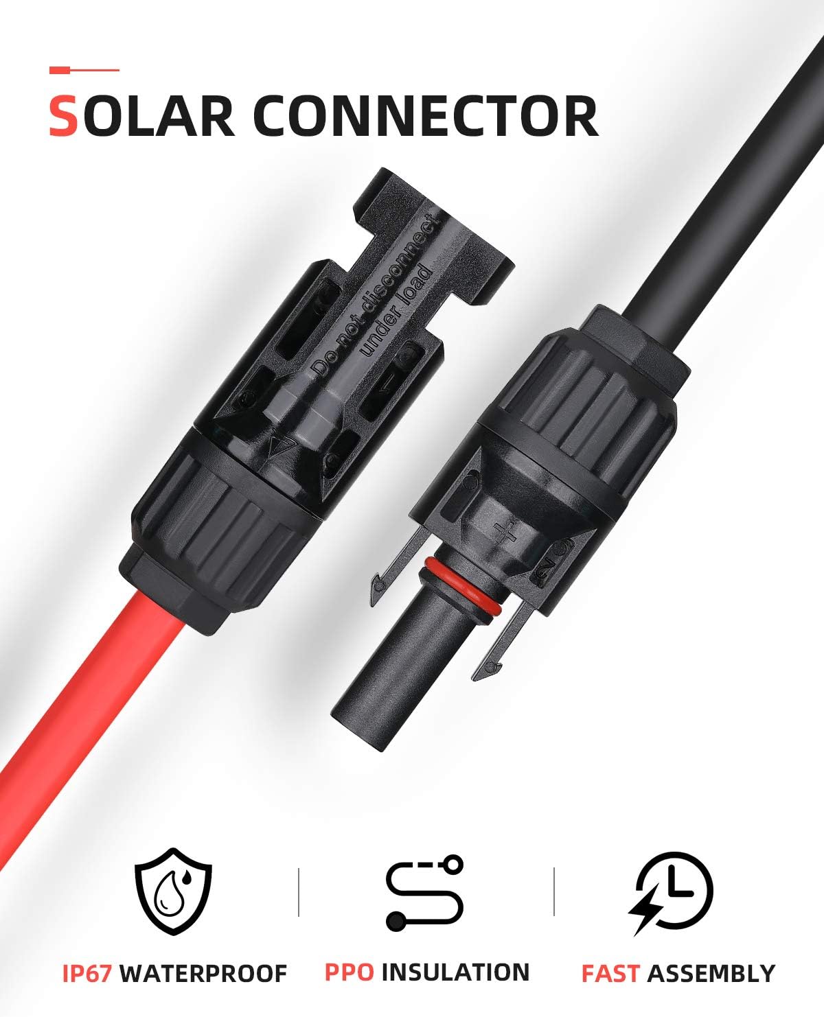 BougeRV 60 Feet 10AWG Solar Extension Cable with Female and Male Connector with Extra Pair of Connectors Solar Panel Adaptor Kit Tool (60FT Red + 60FT Black)