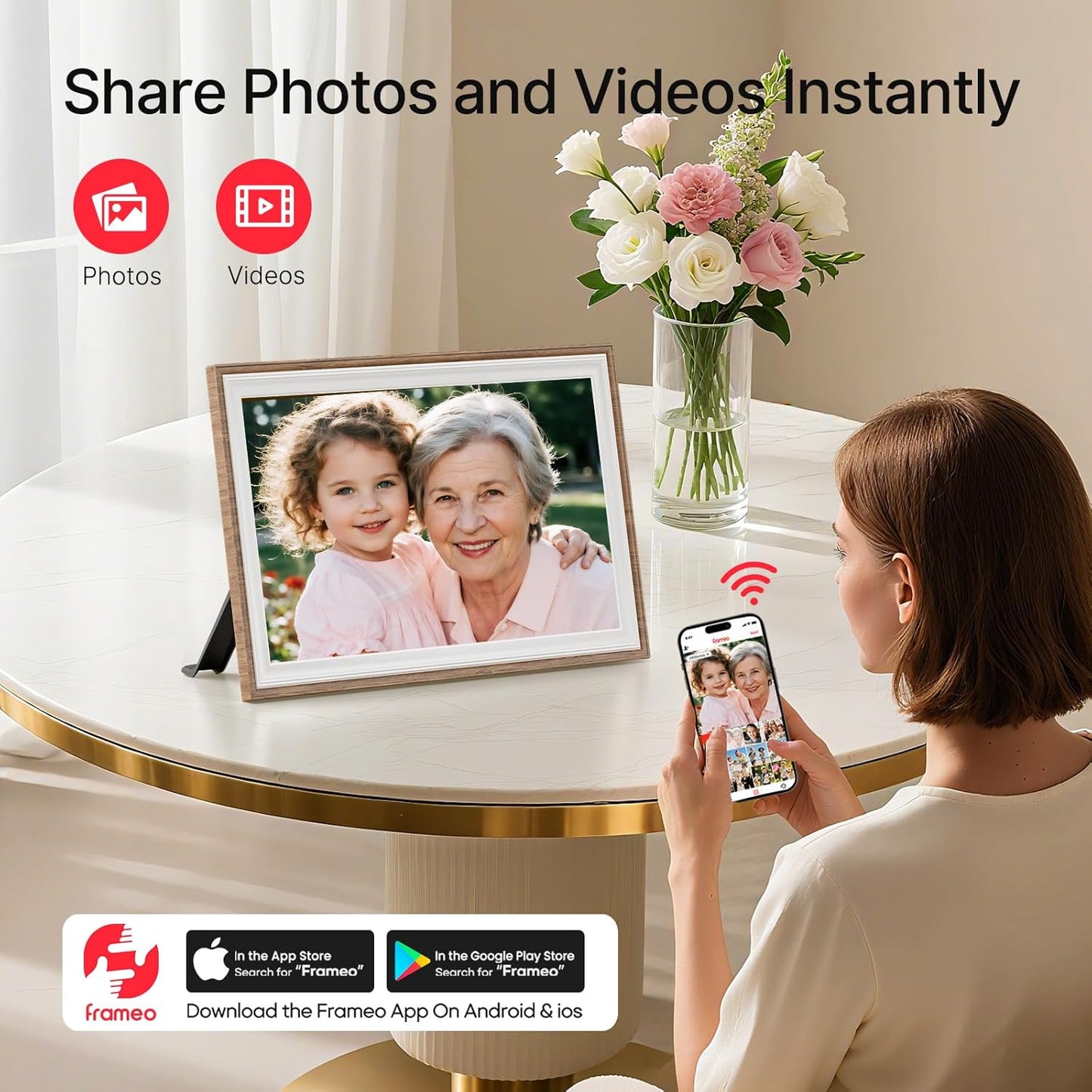 Frameo 10.1" Digital Picture Frame, Smart WiFi Digital Photo Frame with 1280x800 HD IPS Touch Screen 32GB Storage Auto-Rotate Wall Mounted, Share Photos/Videos Remotely(Brown&White)