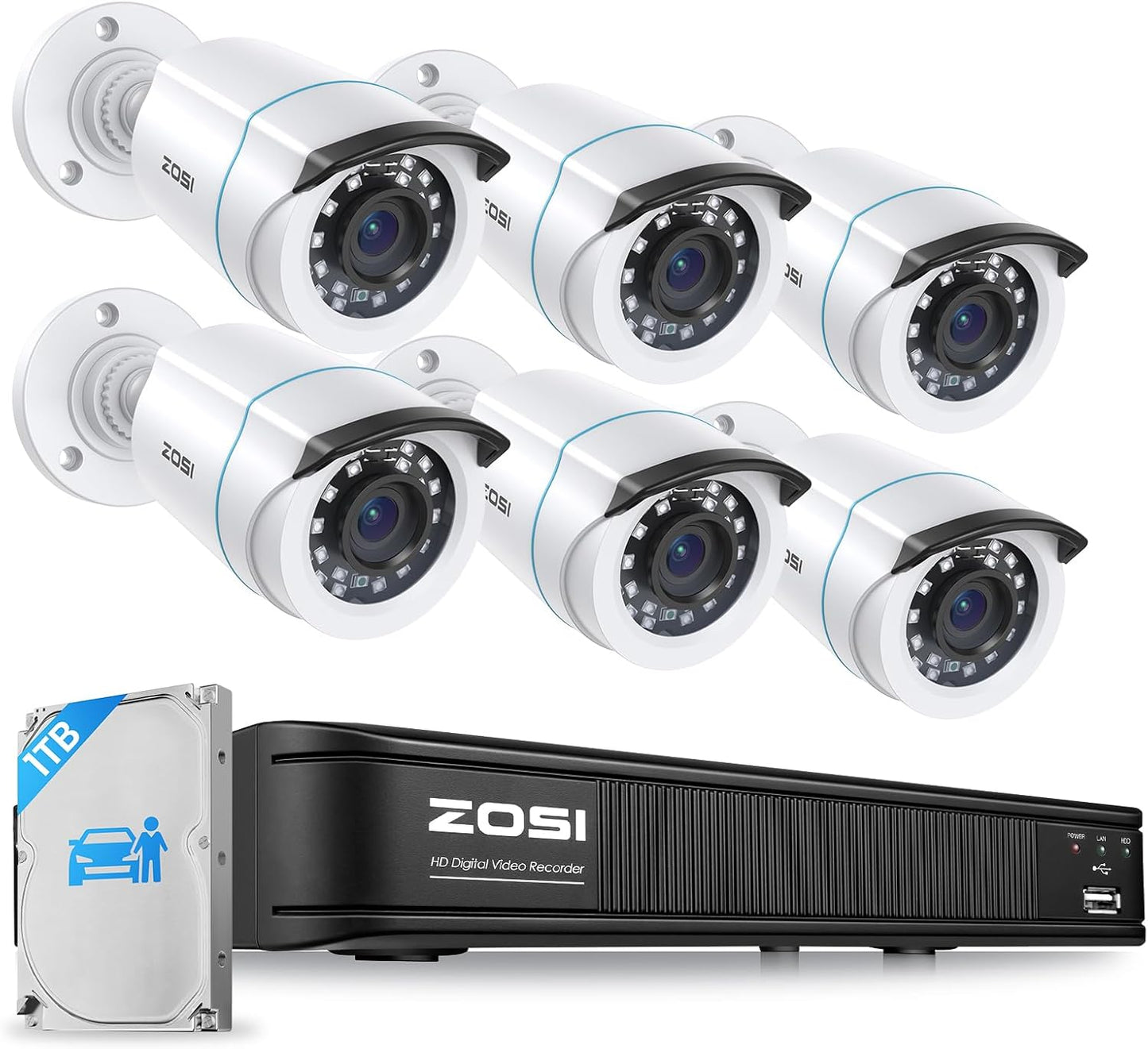 ZOSI 3K Lite Home Security Camera System with AI Human Vehicle Detection, 8CH DVR Recorder and 6 x 1080p Wired CCTV Bullet Cameras Outdoor Indoor, 80ft Night Vision, Remote Access (1TB Hard Drive)
