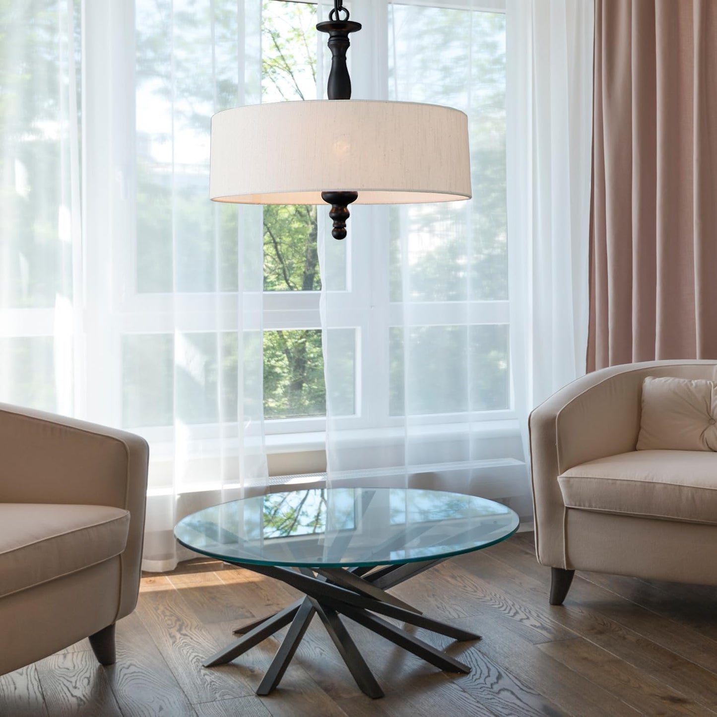 4 Light Drum Chandeliers, Beige Linen Drum Pendant Lighting Fixture with Black Metal Rod Adjustable Hanging Chain Ceiling Lights for Kitchen Island Dining Table Entryway Dia 17.3inch