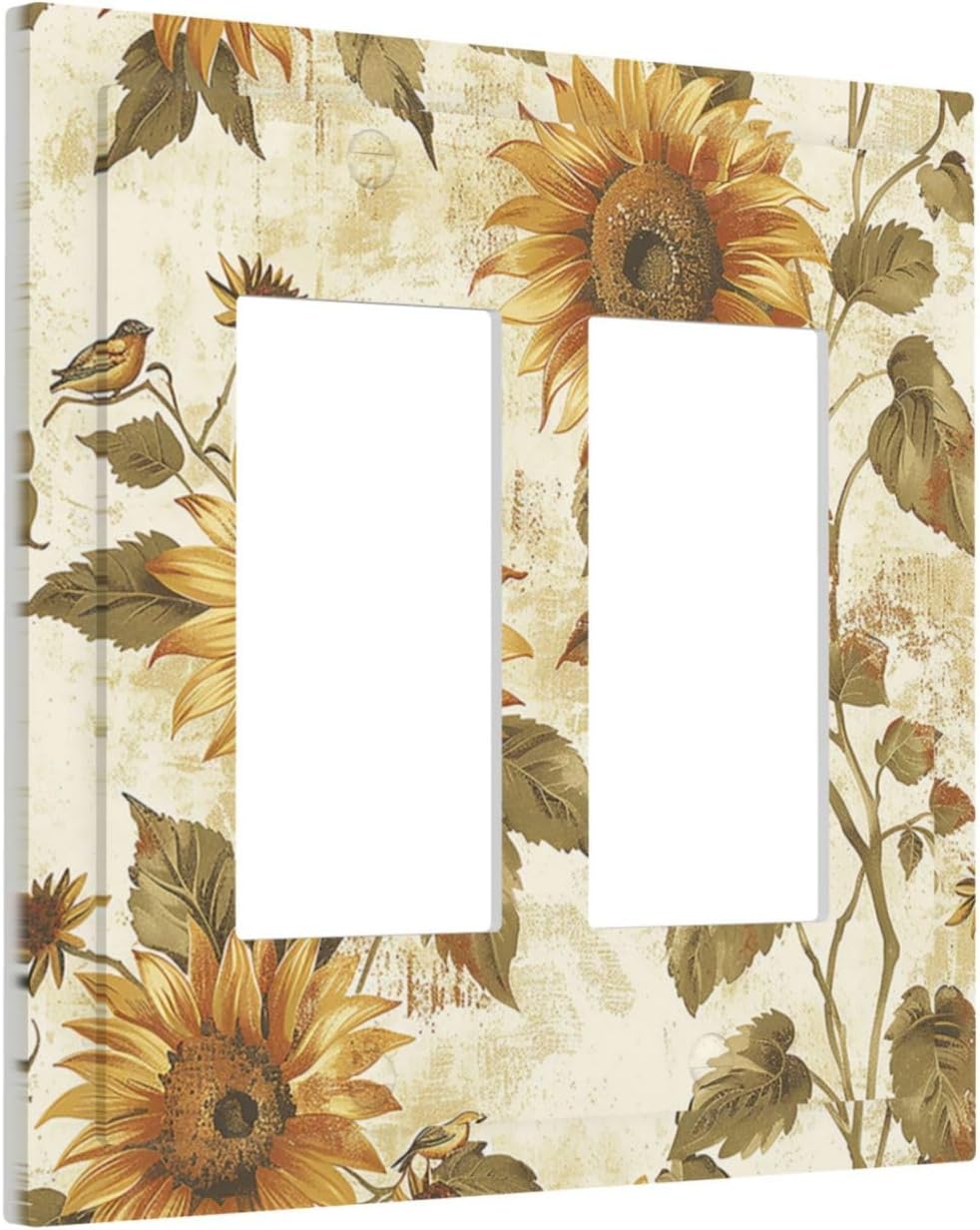 Decorative Outlet Covers Rustic Sunflower Floral Pattern 2 Gang Double GFCI Rocker Electrical Wall Panels Light Switch Cover Plate for Bedroom Cabin Decor