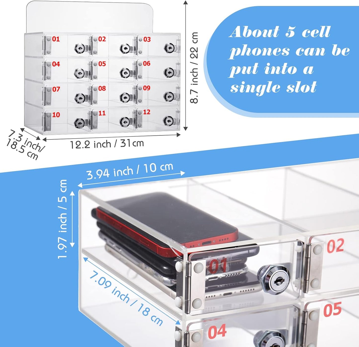 Threan Cell Phone Locker Box for Classroom with Door Locks and Keys Clear Acrylic Phone Jail Storage Cabinet Wall Mounted for School Factory Office(12 Slot)